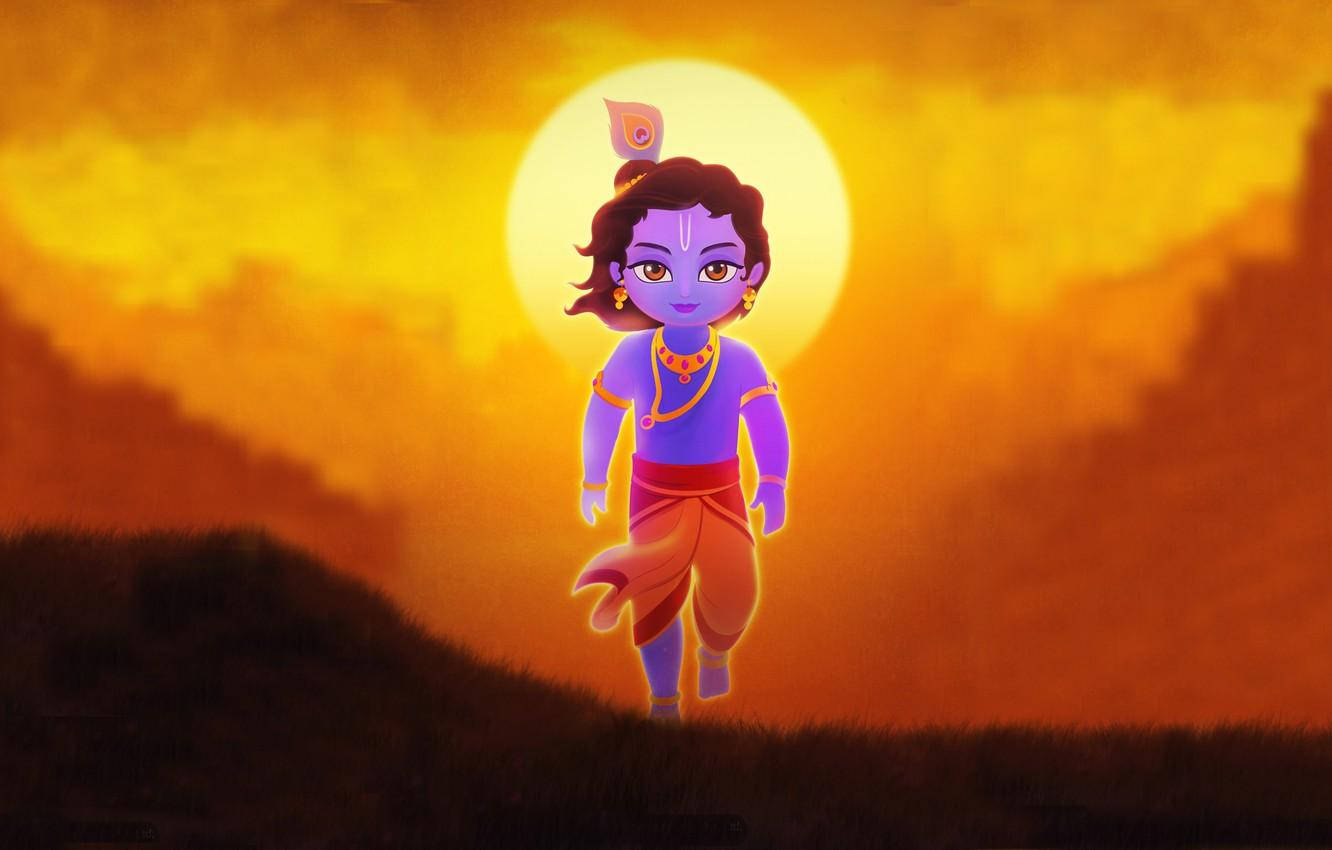 Little Krishna Hd Walking With Sun Background