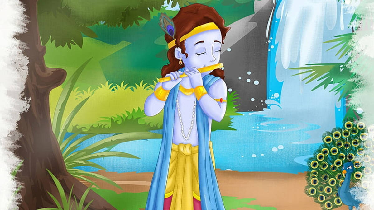 Little Krishna In Waterfalls Background