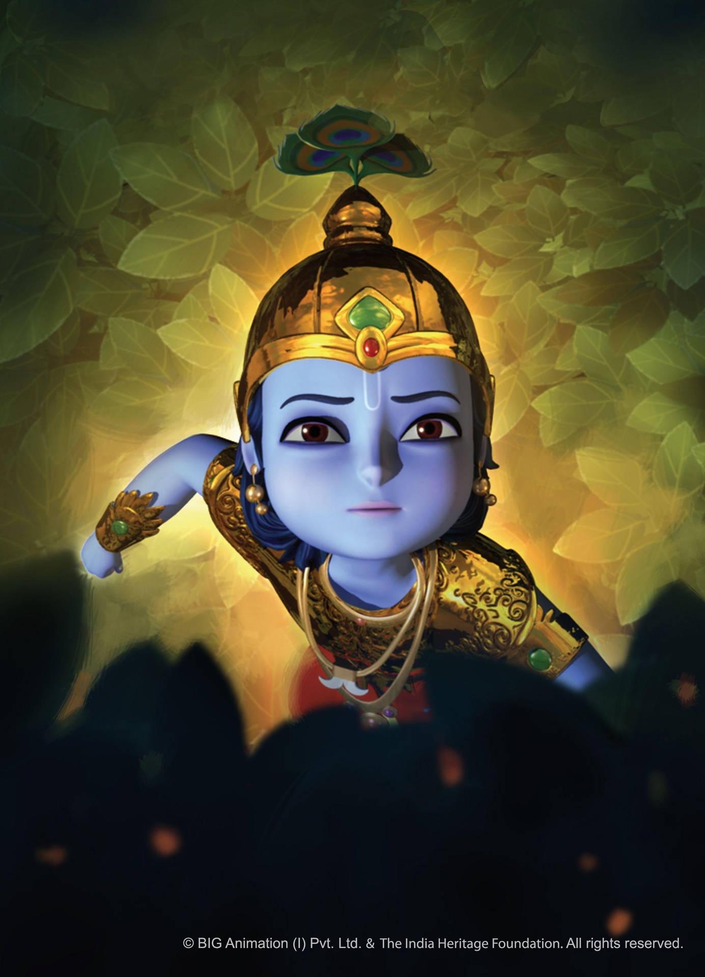 Little Krishna Looking Up In Forest Background