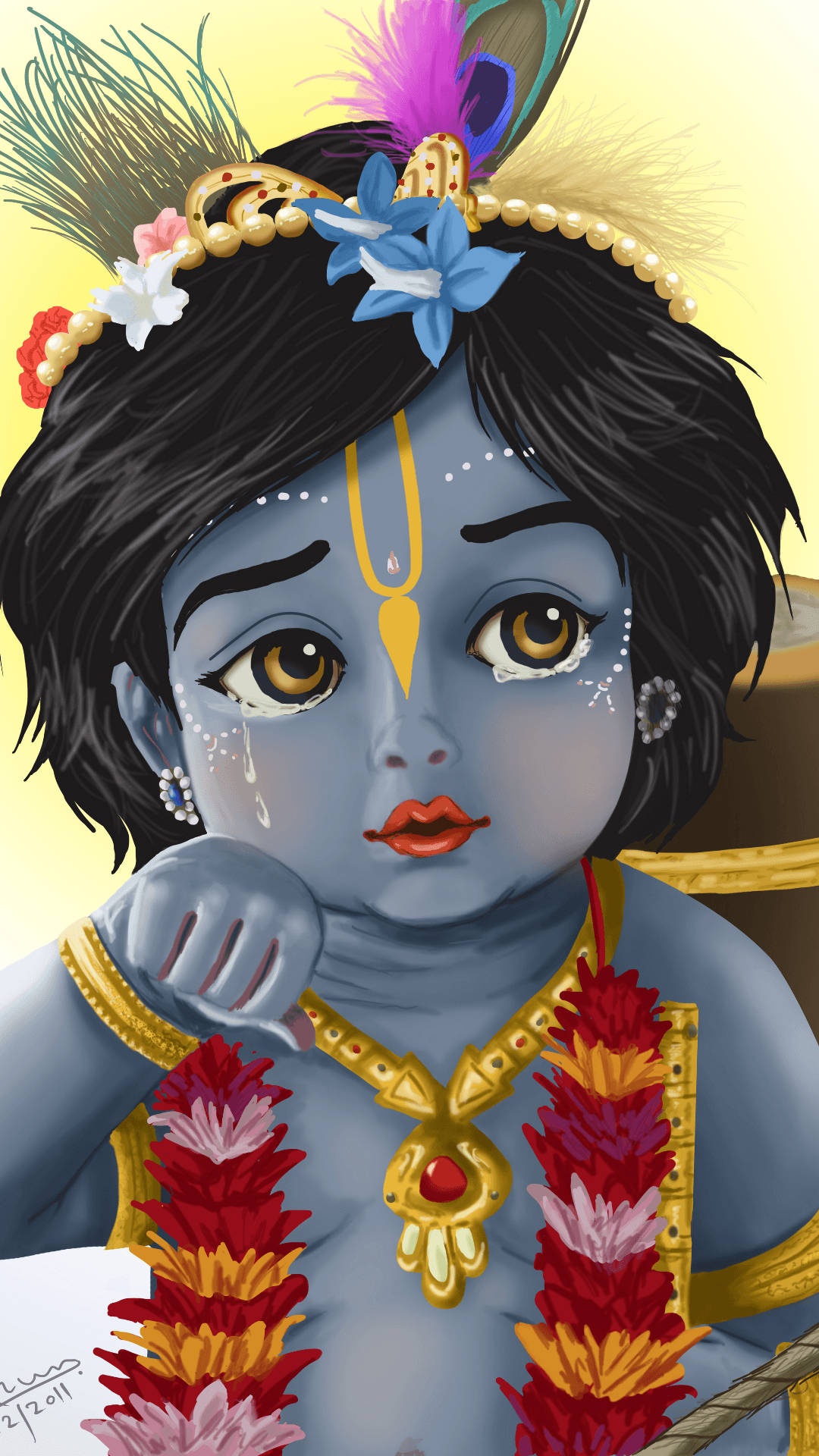 Little Krishna With Floral Necklace Background