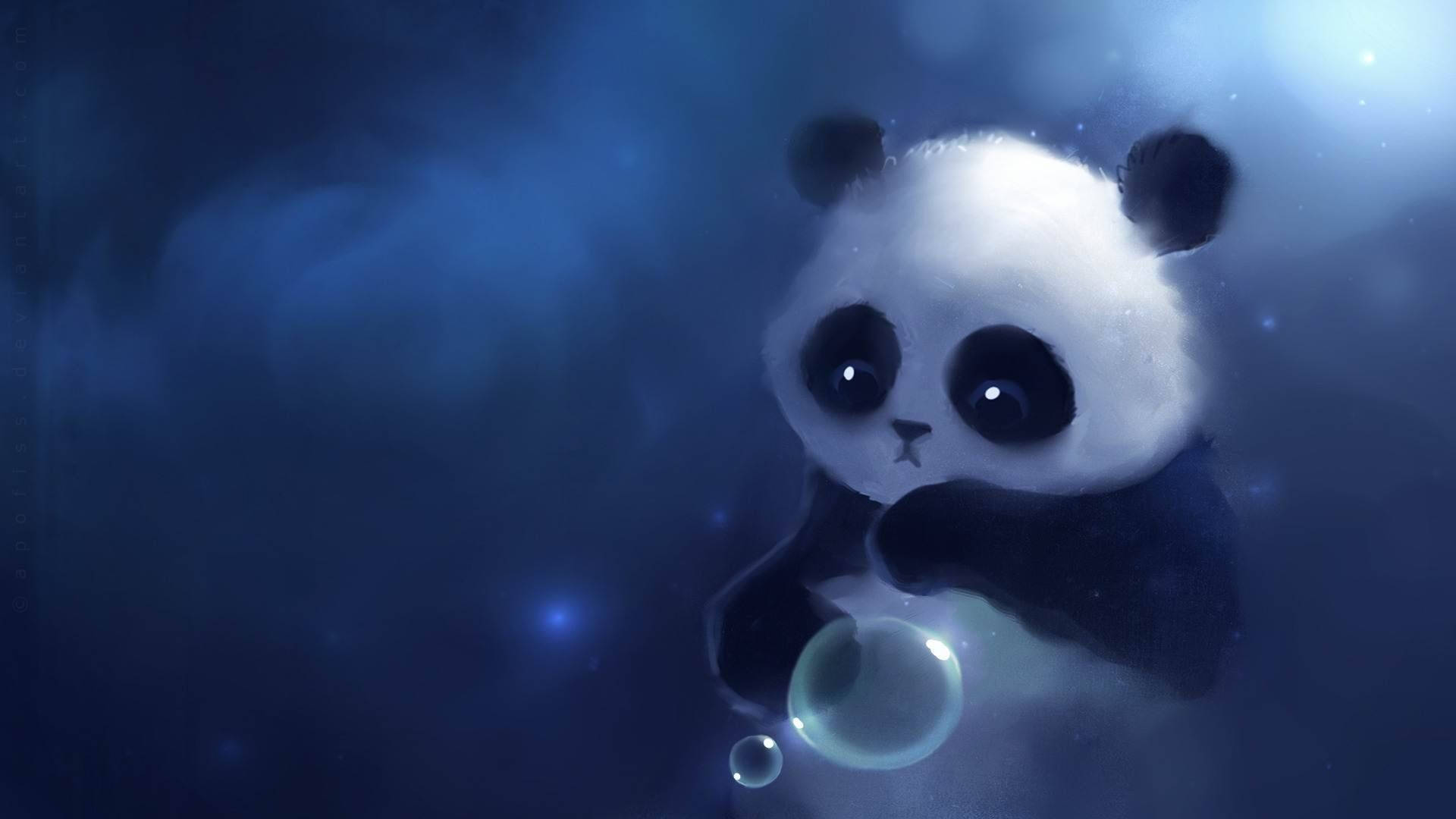 Little Panda In Pretty Blue Aesthetic Background