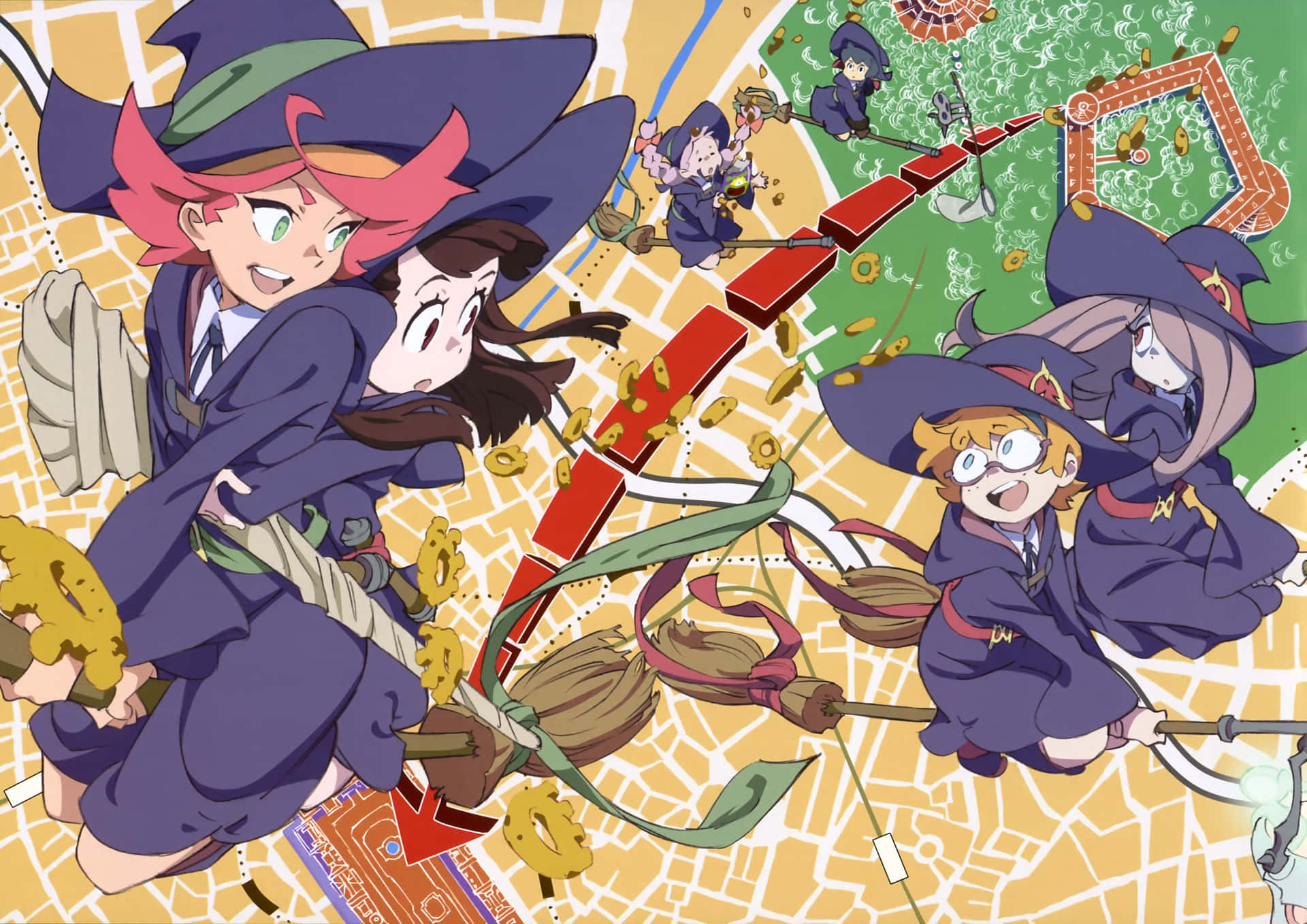 Little Witch Academia Characters Flying Over Map Background