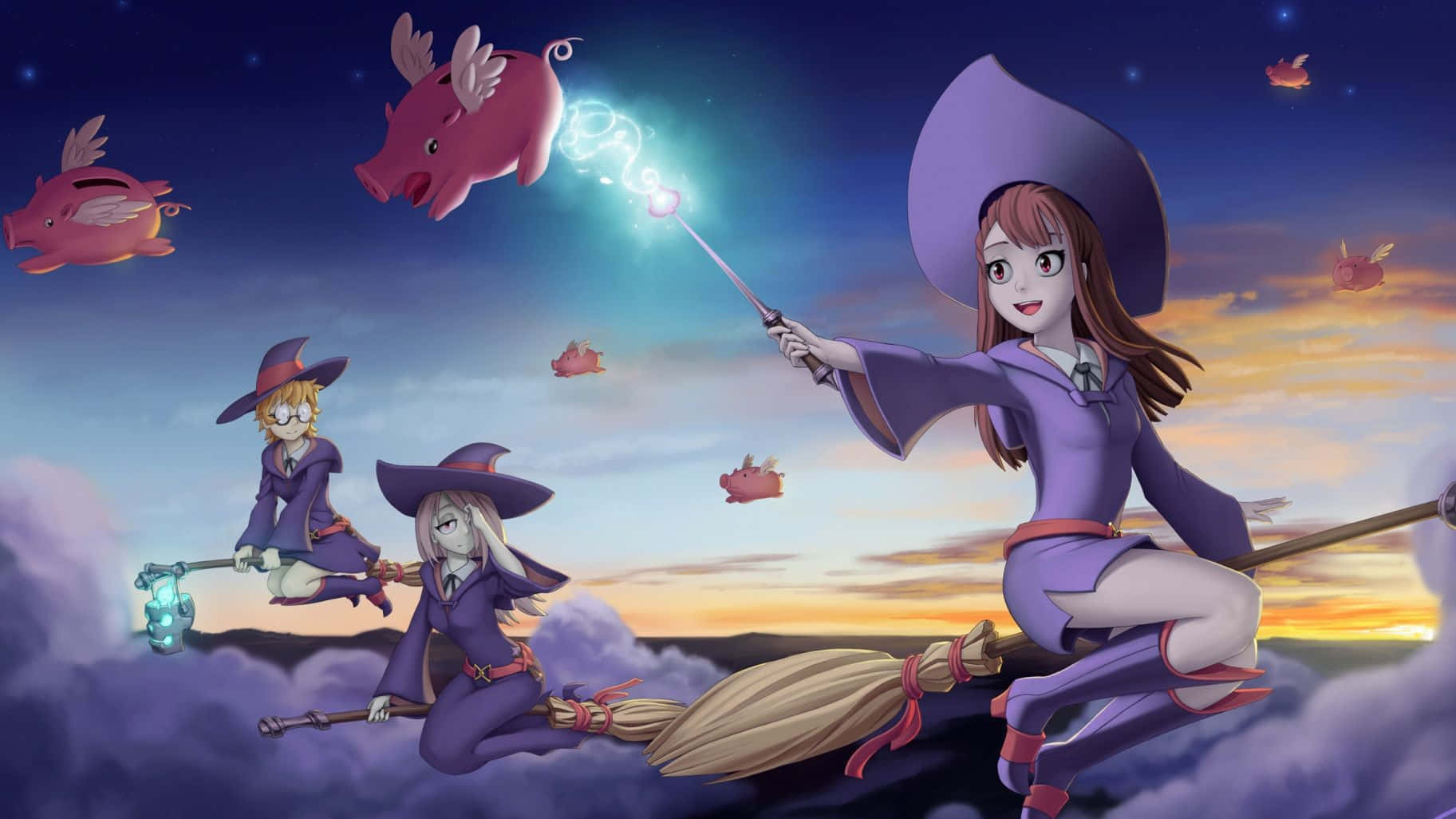 Little Witch Academia Characters In The Sky Background