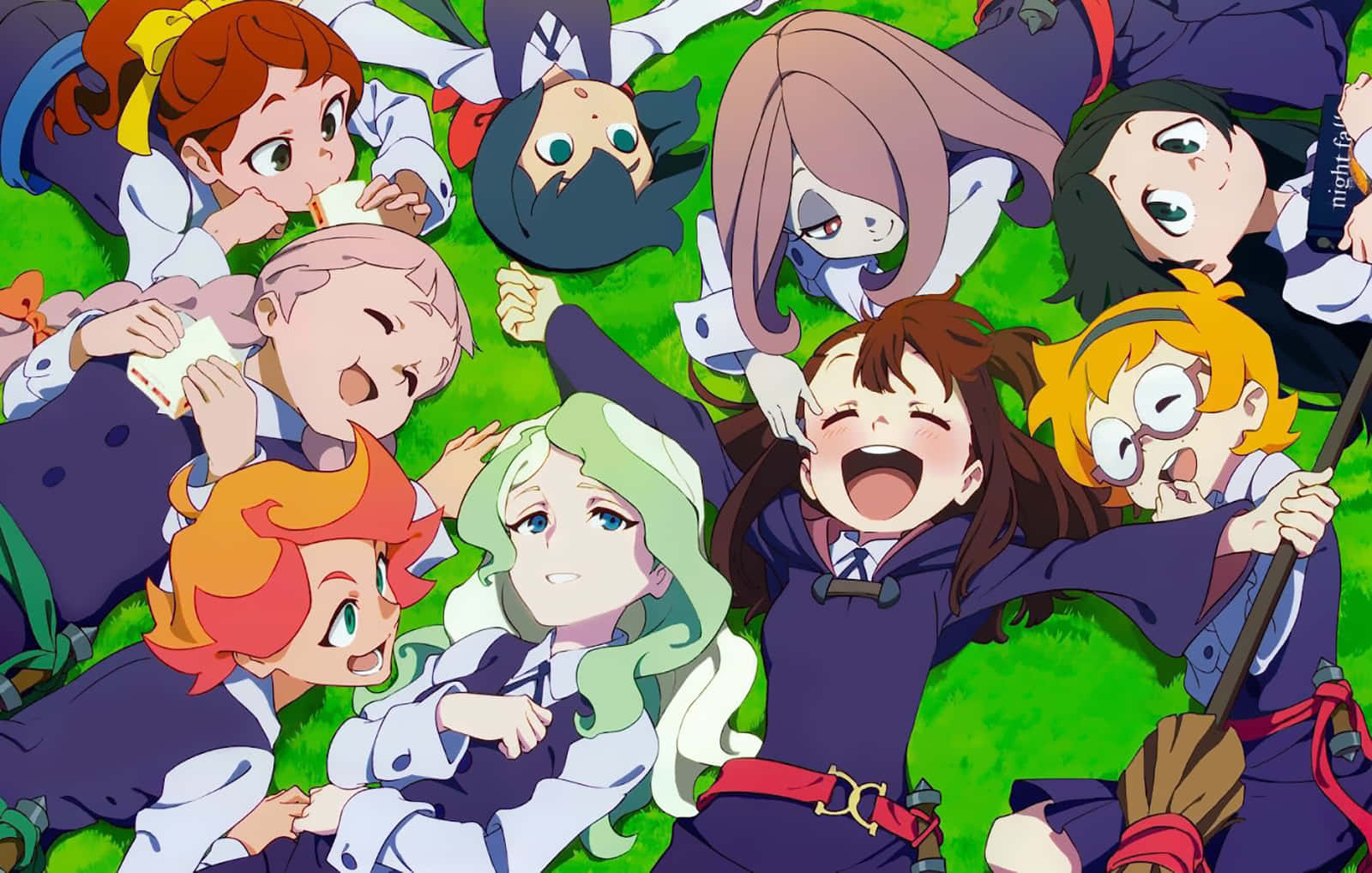 Little Witch Academia Characters Lying On Grass Background