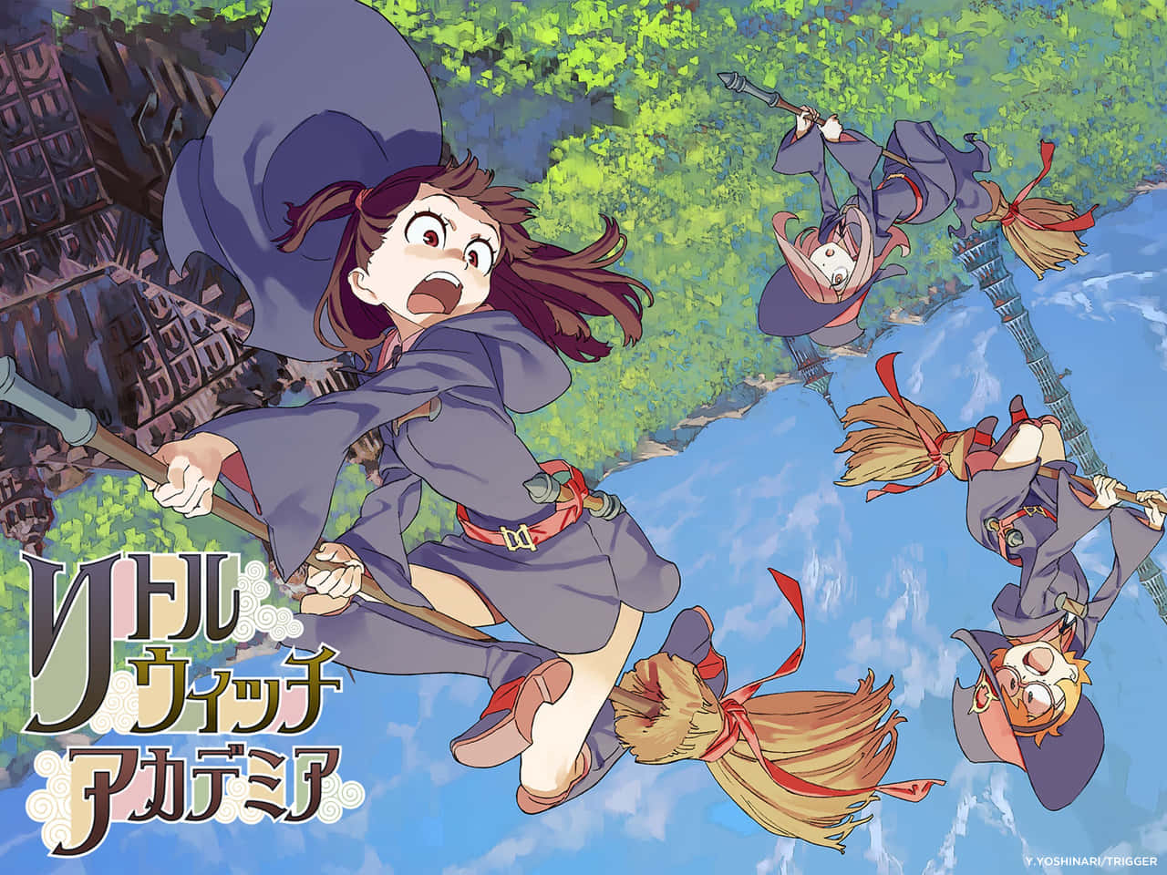 Little Witch Academia Characters On Brooms Background