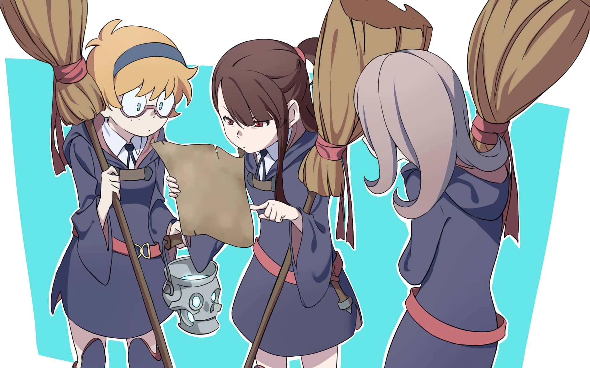 Little Witch Academia Trio With Brooms Background