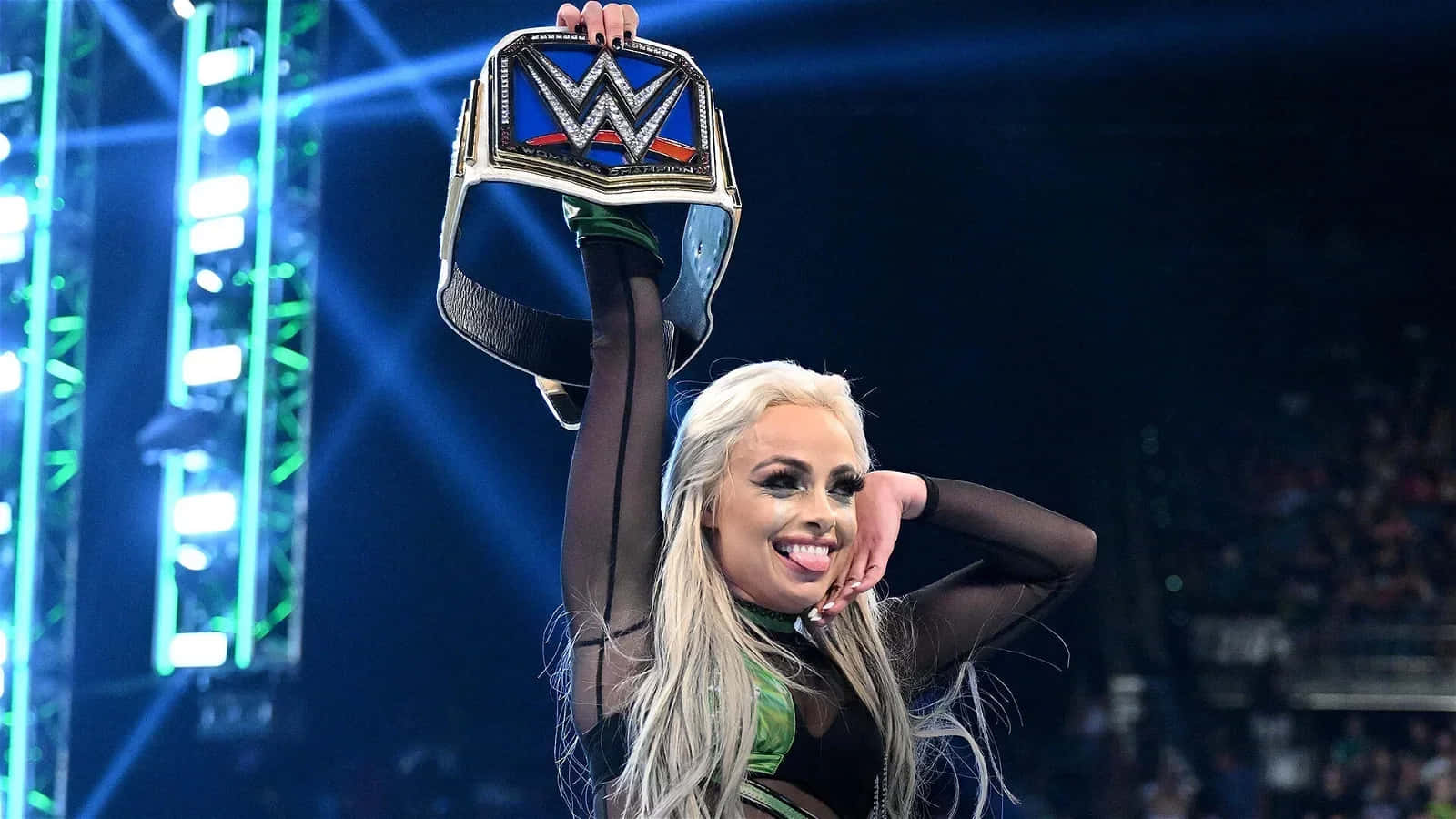 Liv Morgan Wwe Belt Blue Background