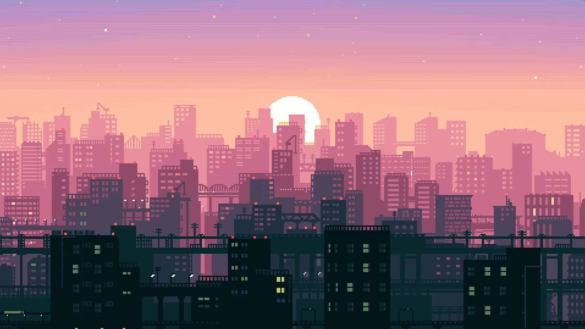 Live Aesthetic Sunrise Cityscape Pixel Art Background