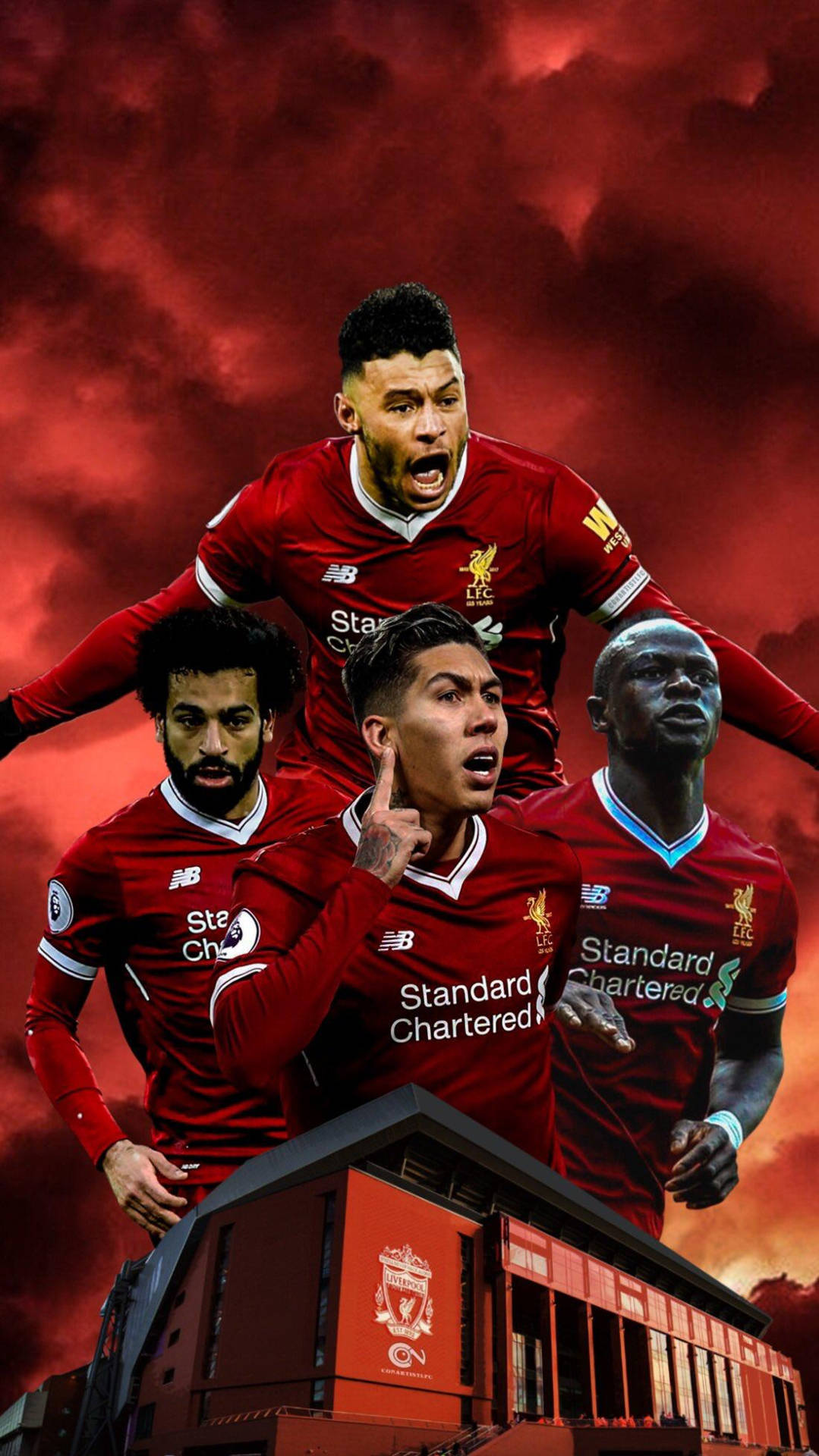 Liverpool Fc Trio Firmino, Salah And Mane, Alongside Team Mate Chamberlain, Celebrating A Winning Goal Background