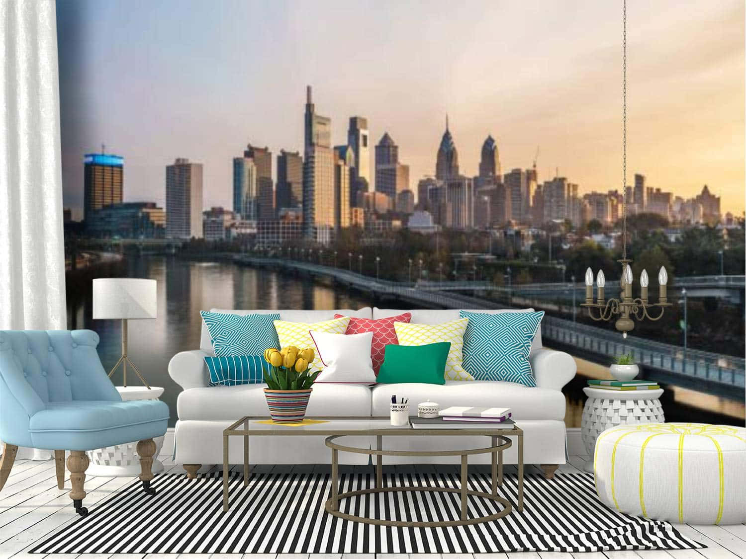 Living Area Overlooking Philadelphia Skyline Background