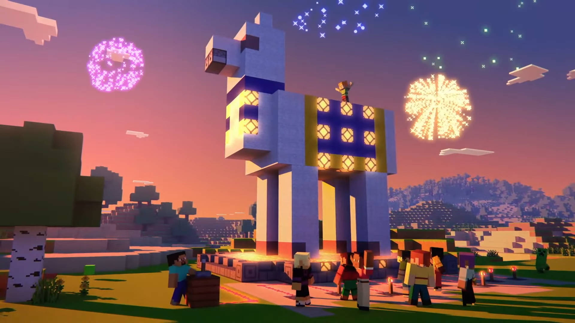 Llama Statue And Fireworks Minecraft Hd Background