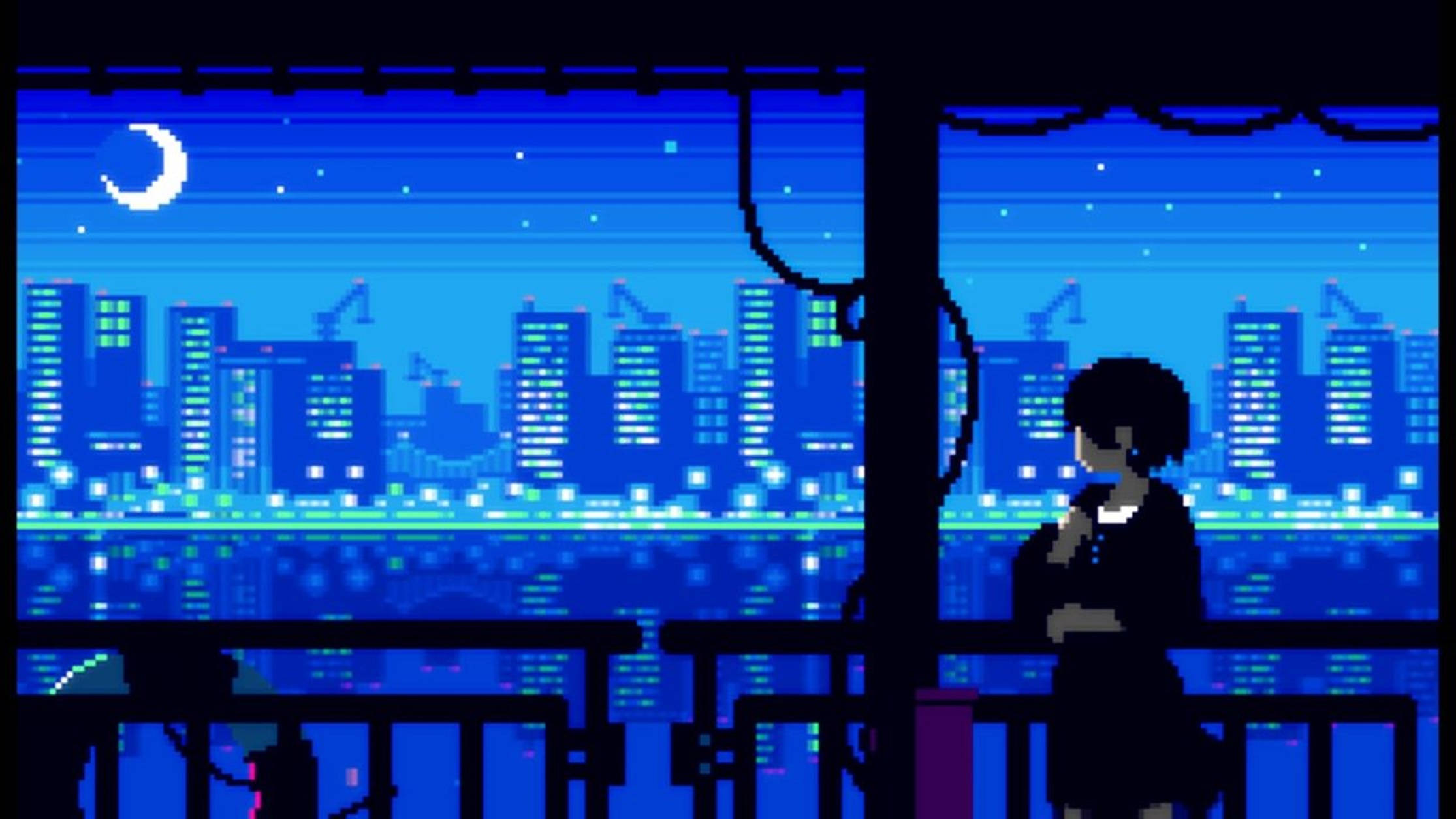 Lo Fi Anime Black Hair Girl Pixel Art Background