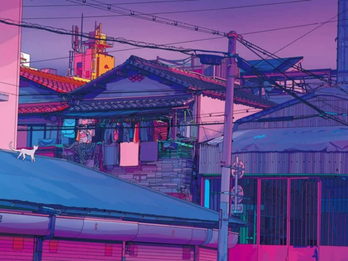 Lo Fi Anime Chill Cat On House Roof Background