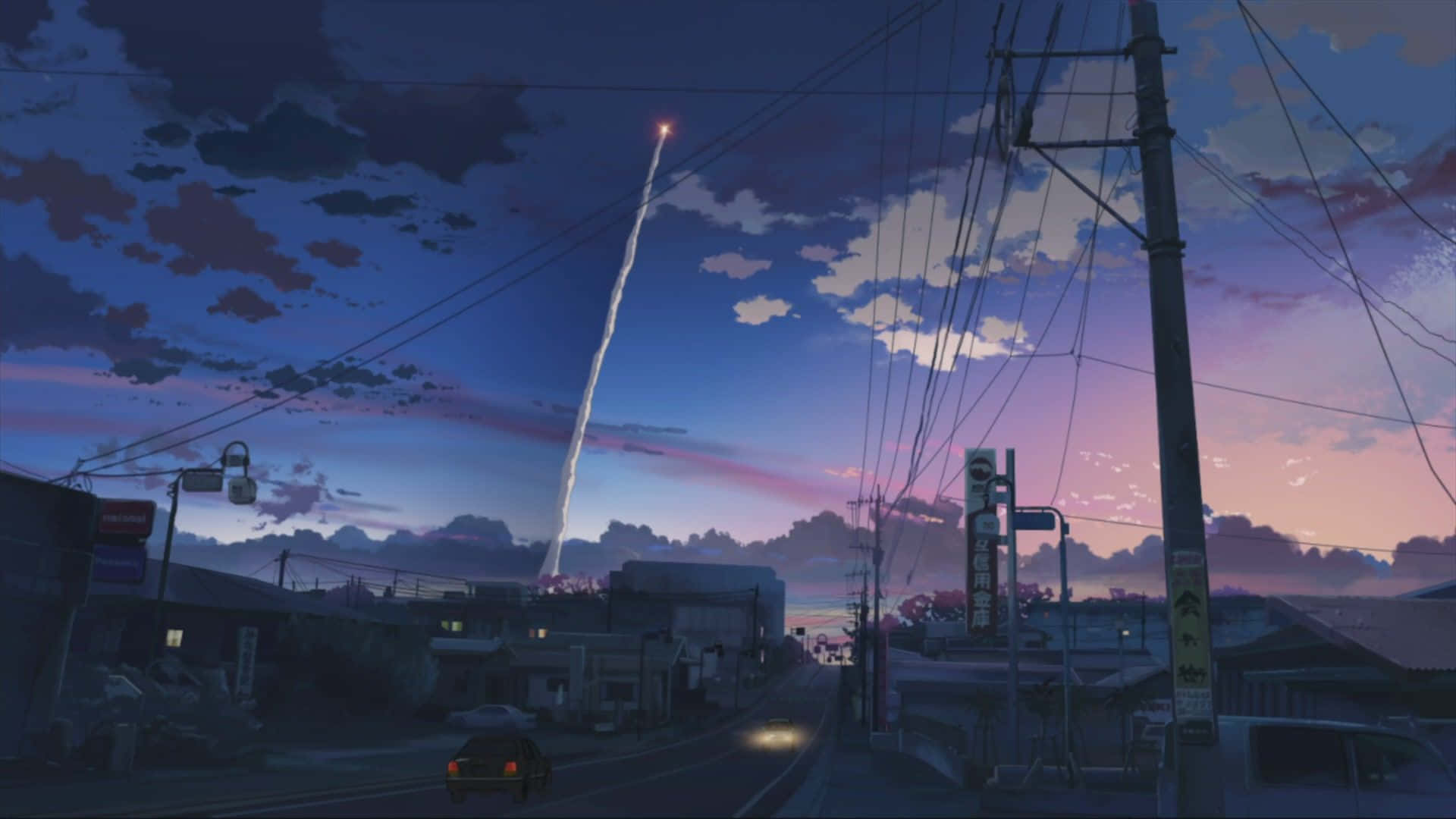 Lo Fi Anime Chill City With Launching Rocket On Sky Background