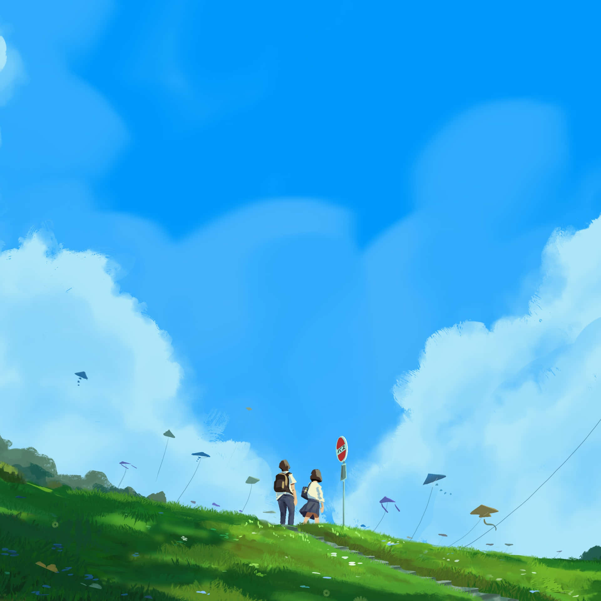 Lo Fi Anime Chill Couple Watching Flying Kites Background