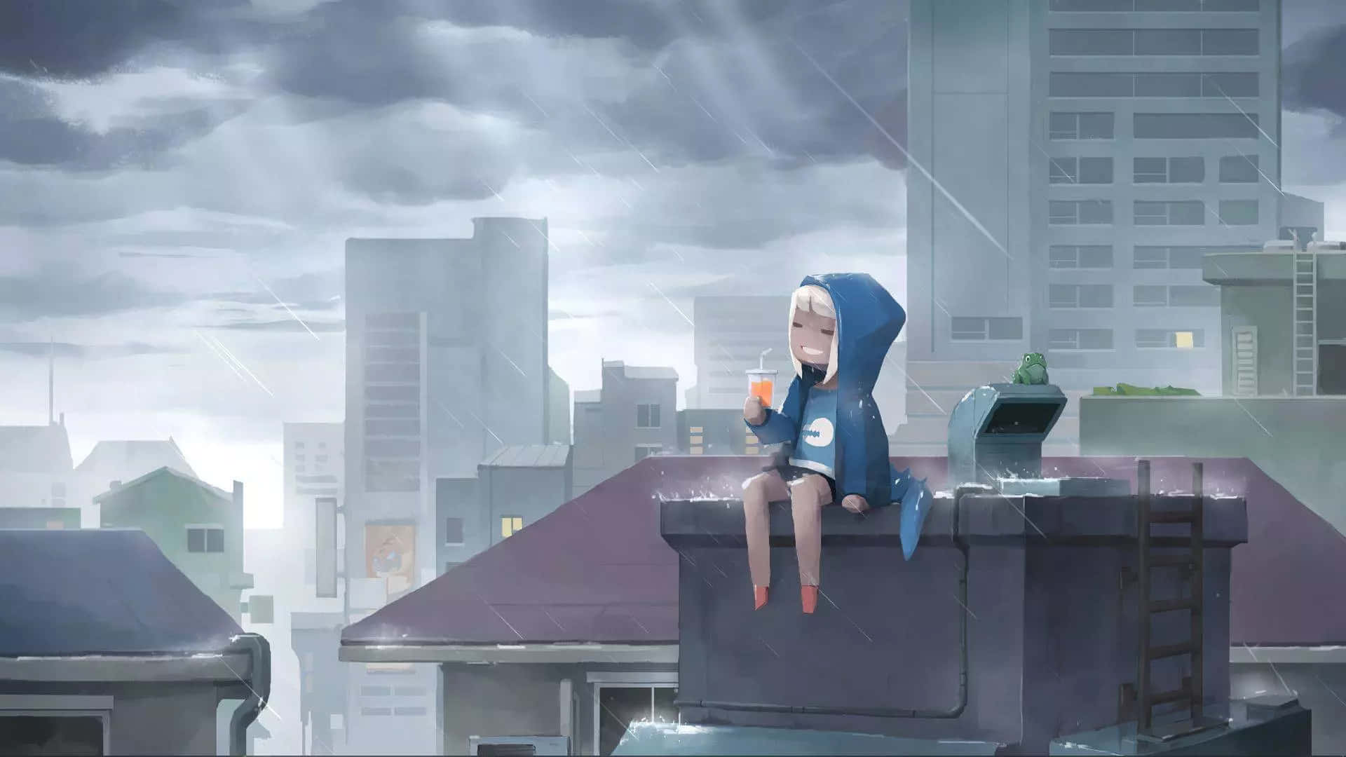 Lo Fi Anime Chill Girl In Rooftop Background