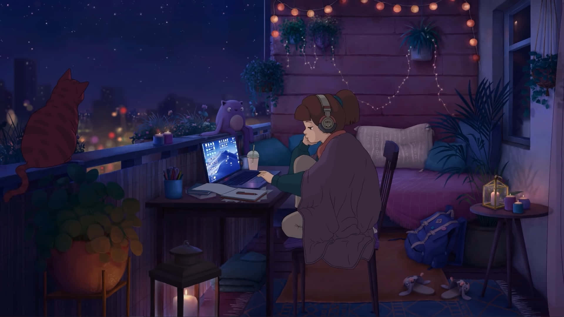 Lo Fi Anime Chill Girl On Balcony Background