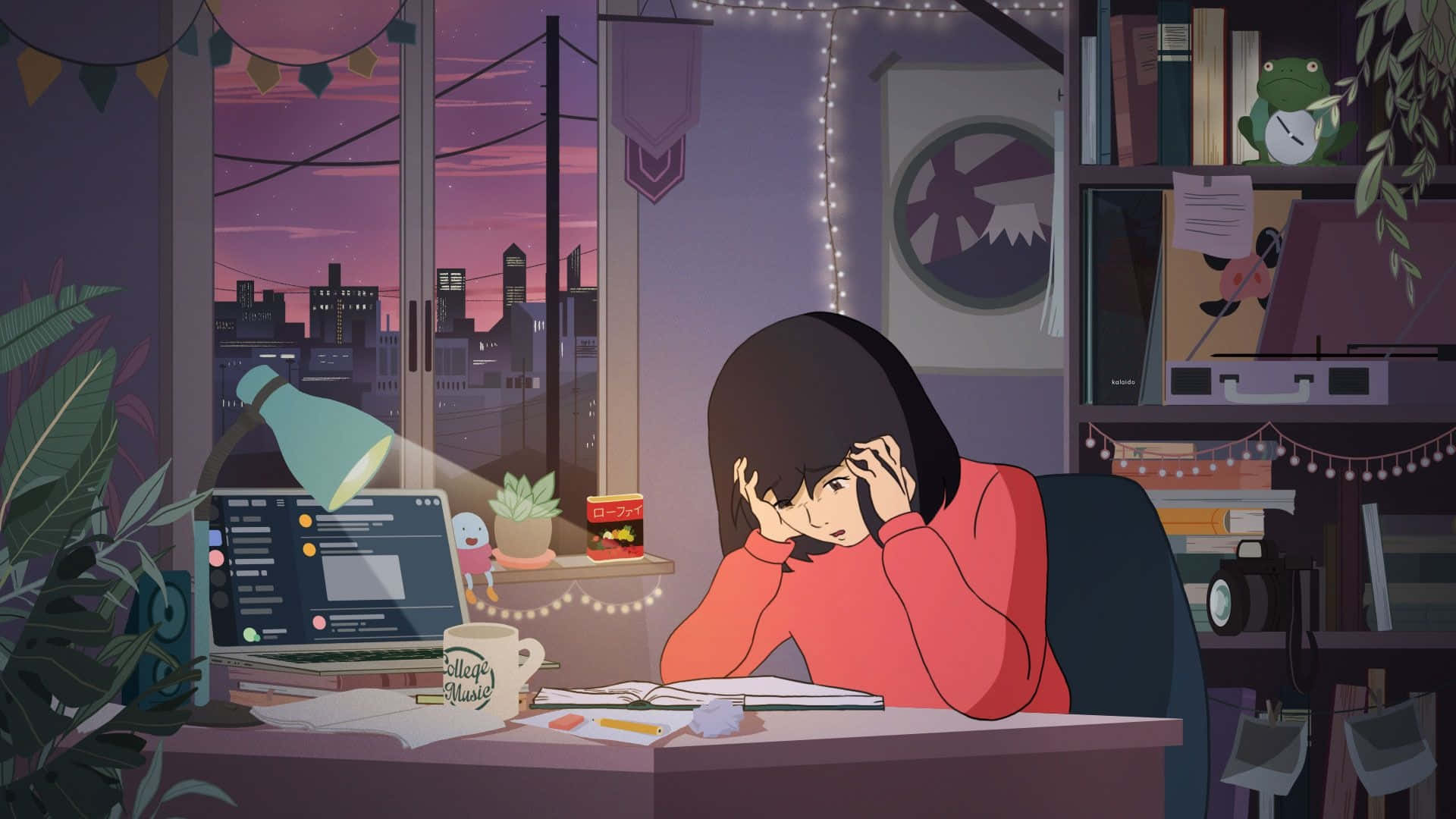 Lo Fi Anime Chill Girl On Study Table Background