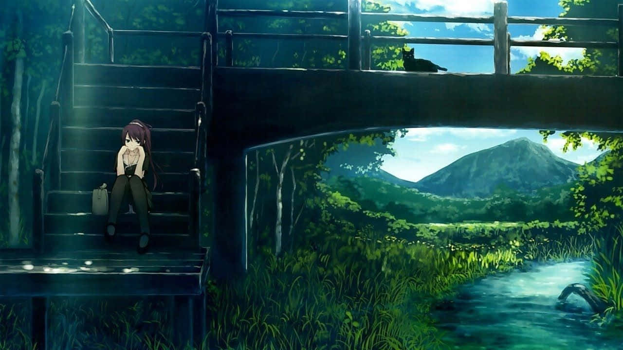 Lo Fi Anime Chill Girl Sitting In Bridge Background