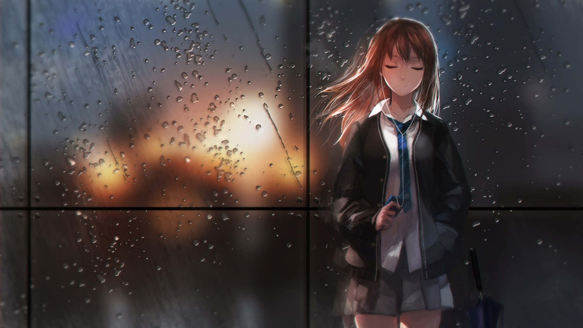 Lo Fi Anime Chill Girl Standing In Rain Background