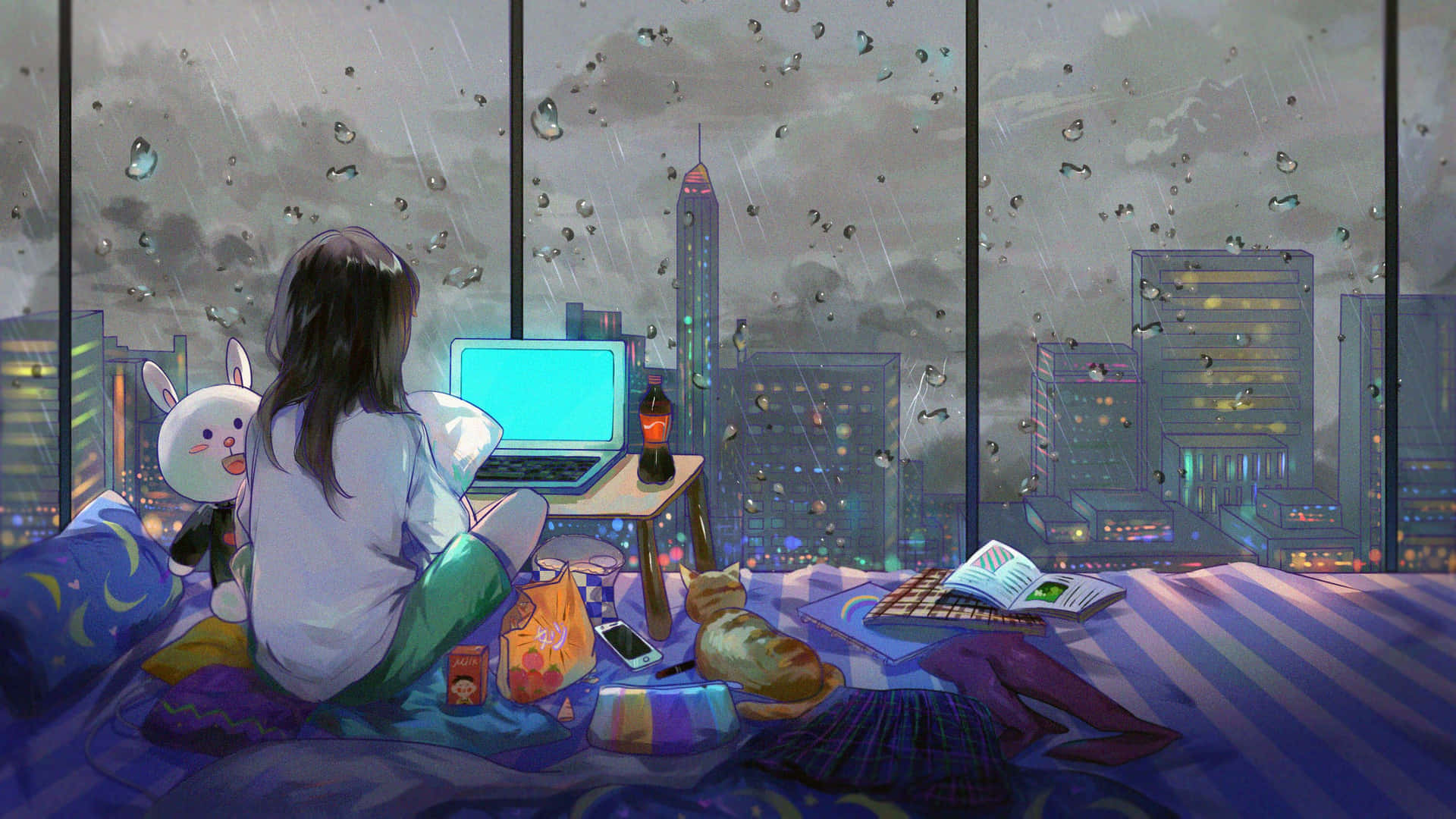 Lo Fi Anime Chill Girl Studying In Bedroom Background