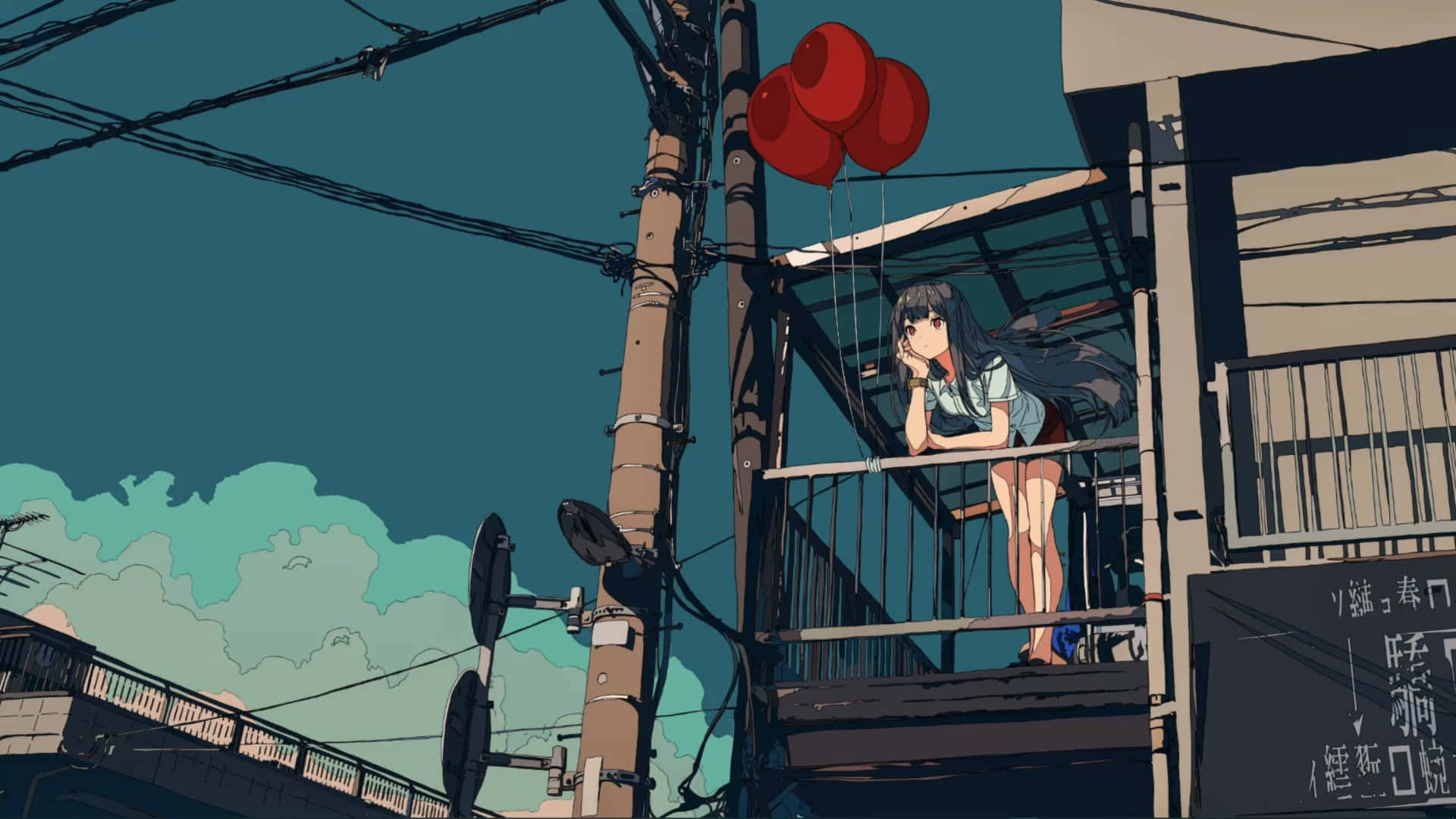 Lo Fi Anime Chill Girl With Red Balloons In Balcony Background