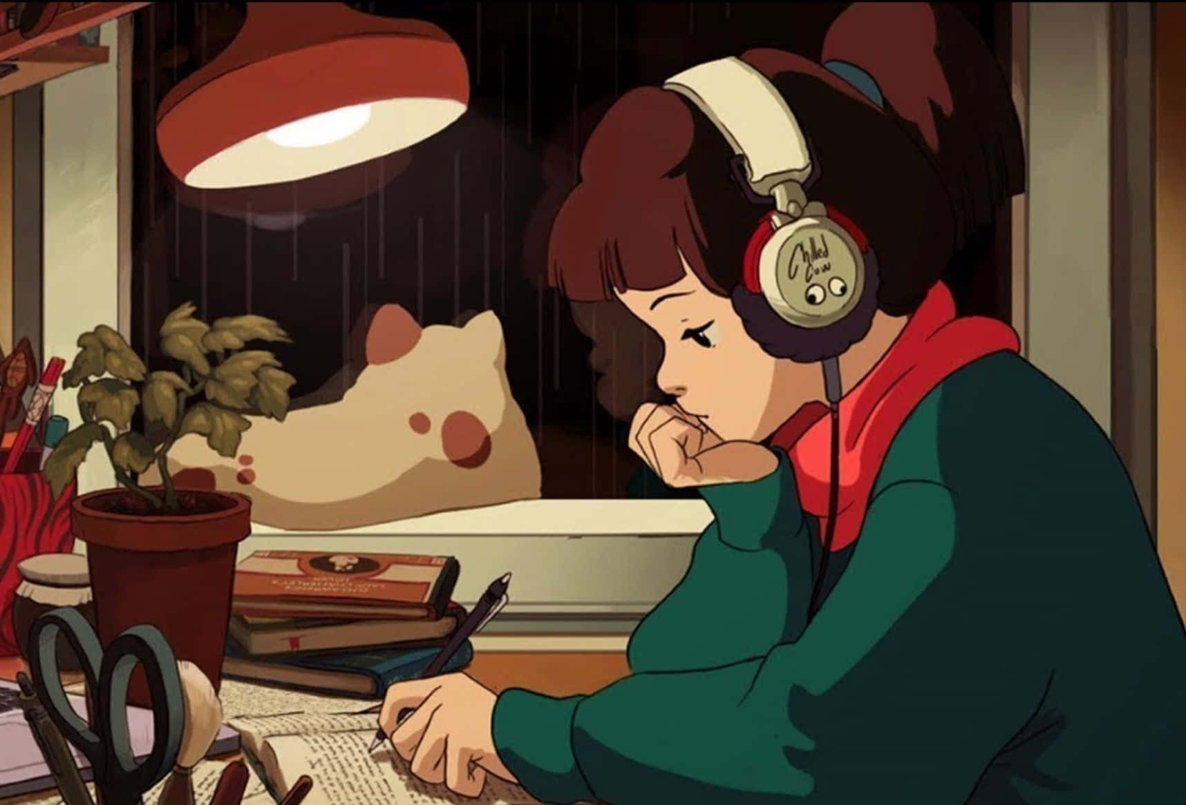 Lo Fi Anime Chill Girl Writing On Desk Background