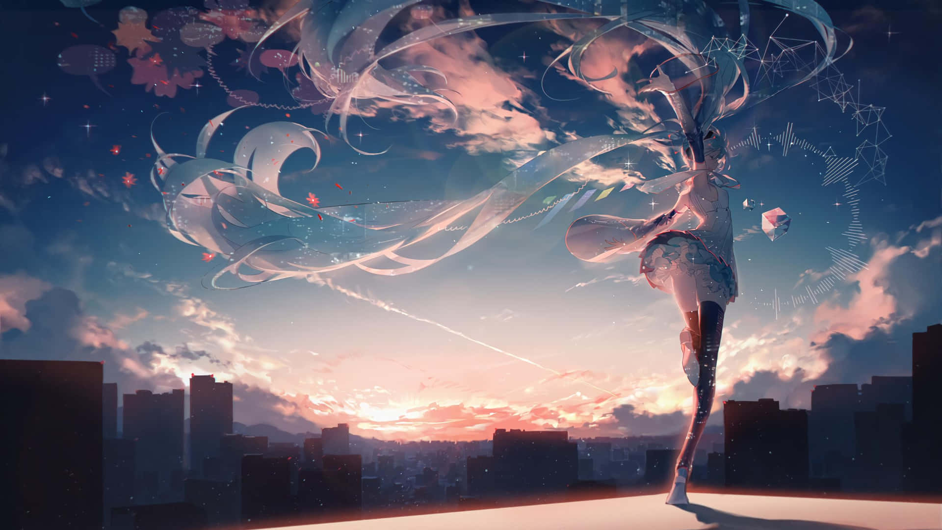 Lo Fi Anime Chill Long Haired Girl On Rooftop Background