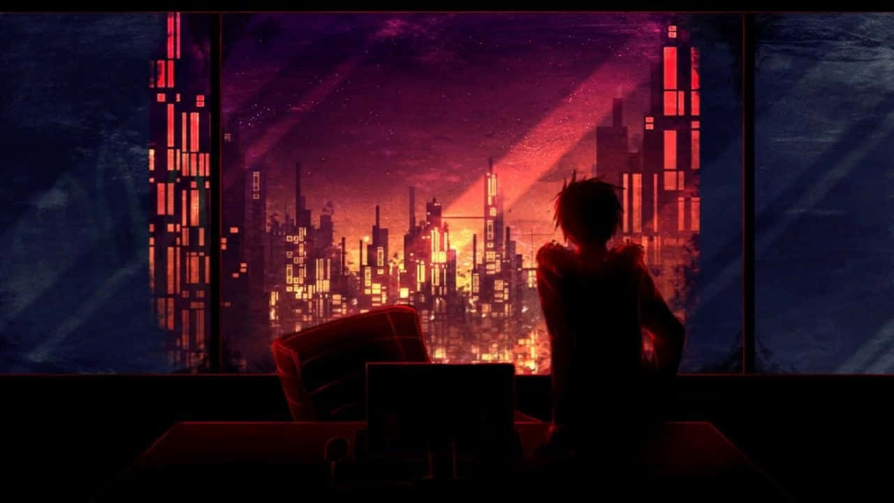 Lo Fi Anime Chill Man Looking At Dark City Background