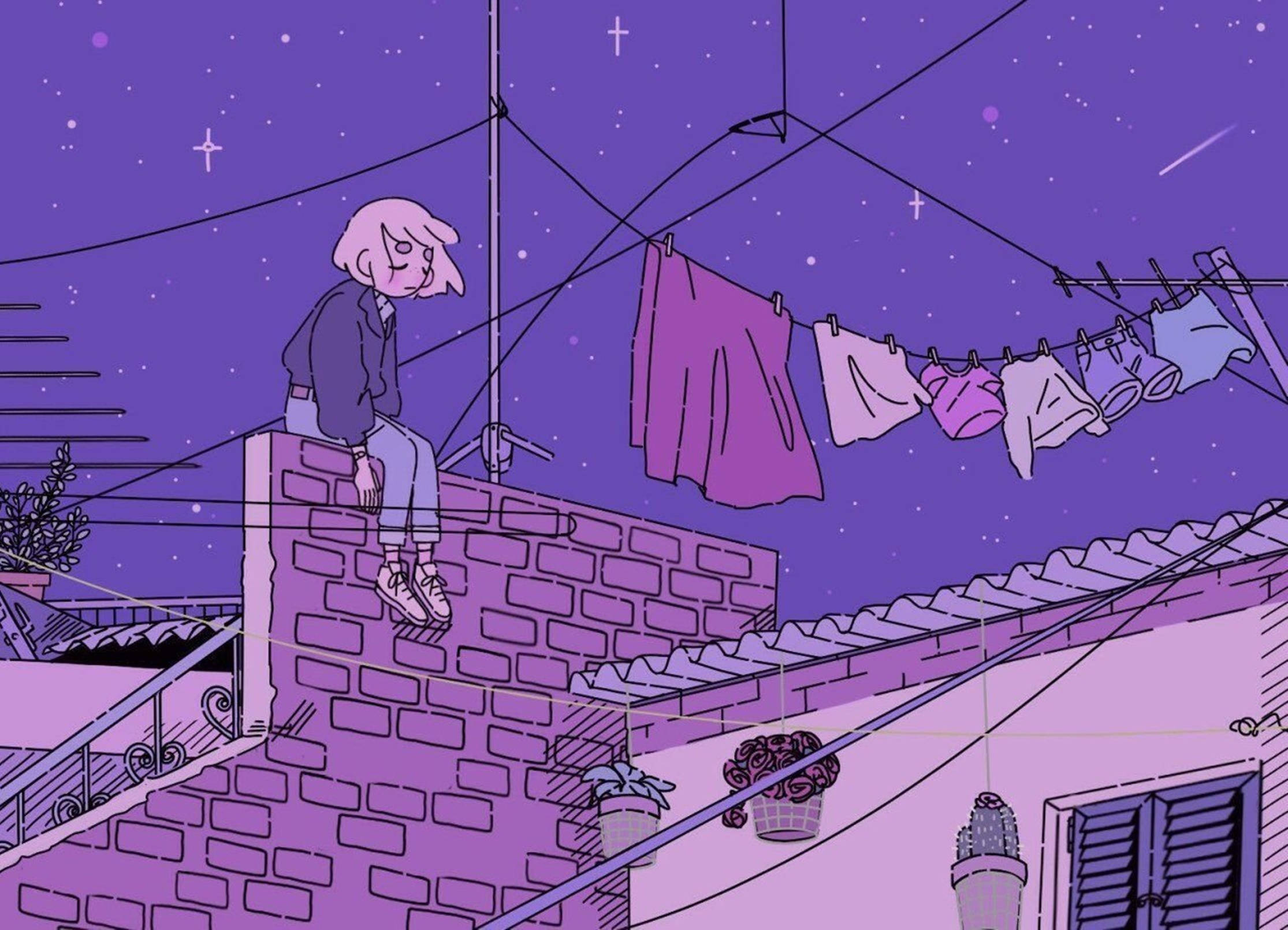 Lo Fi Anime Girl Over Purple Sky Background