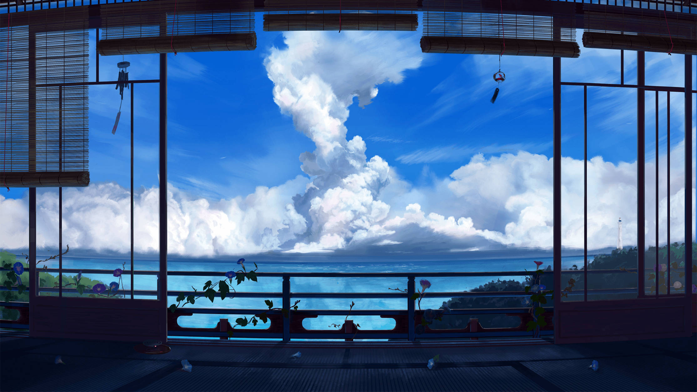 Lo Fi Anime Ocean And Blue Sky View Background