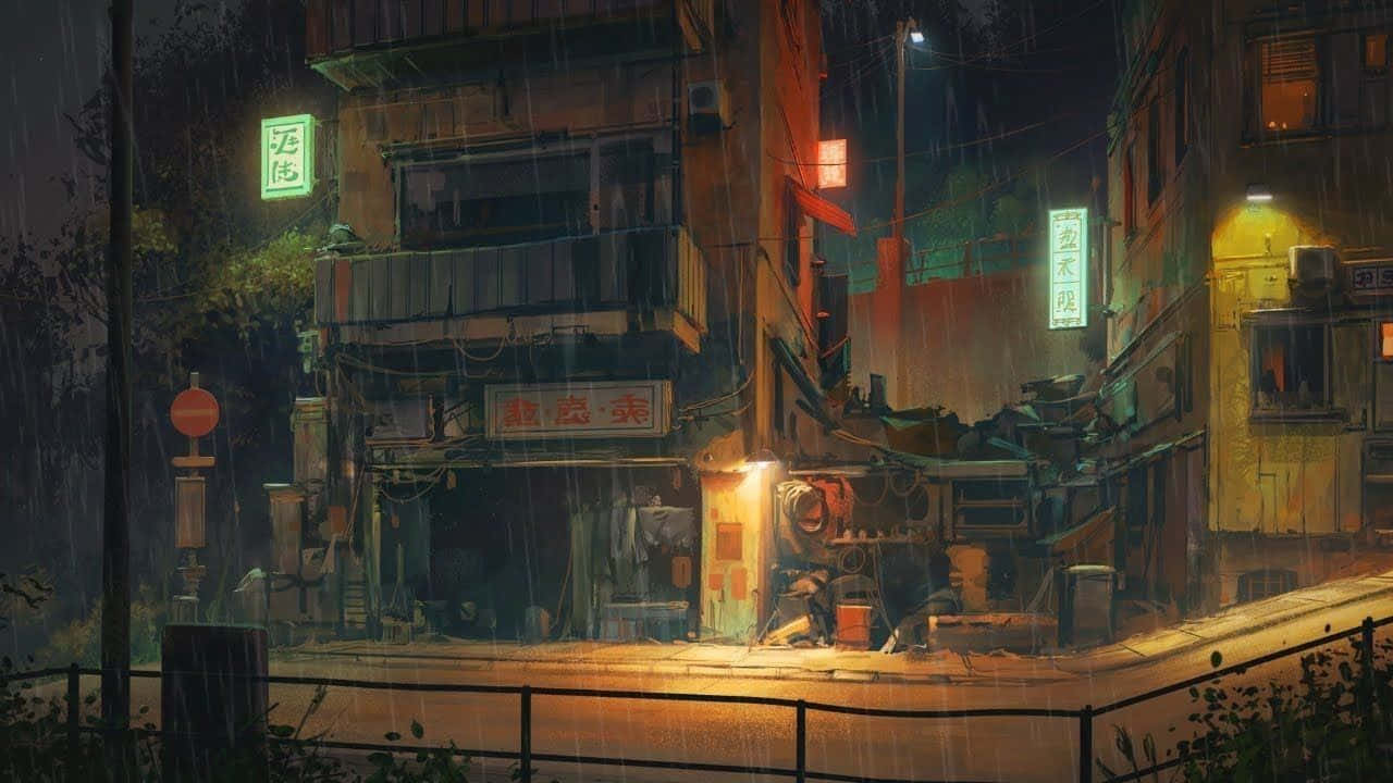 Lo Fi Raining City Streets Desktop Background