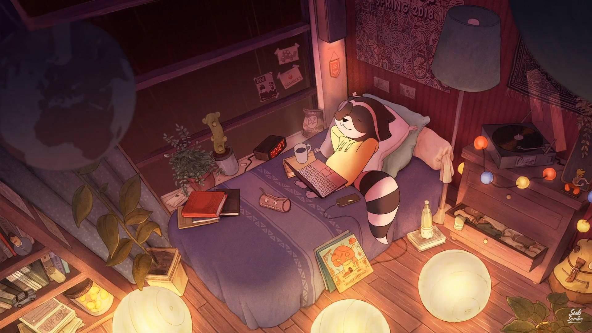 Lofi Raccoon Aesthetic Anime Art Desktop Background