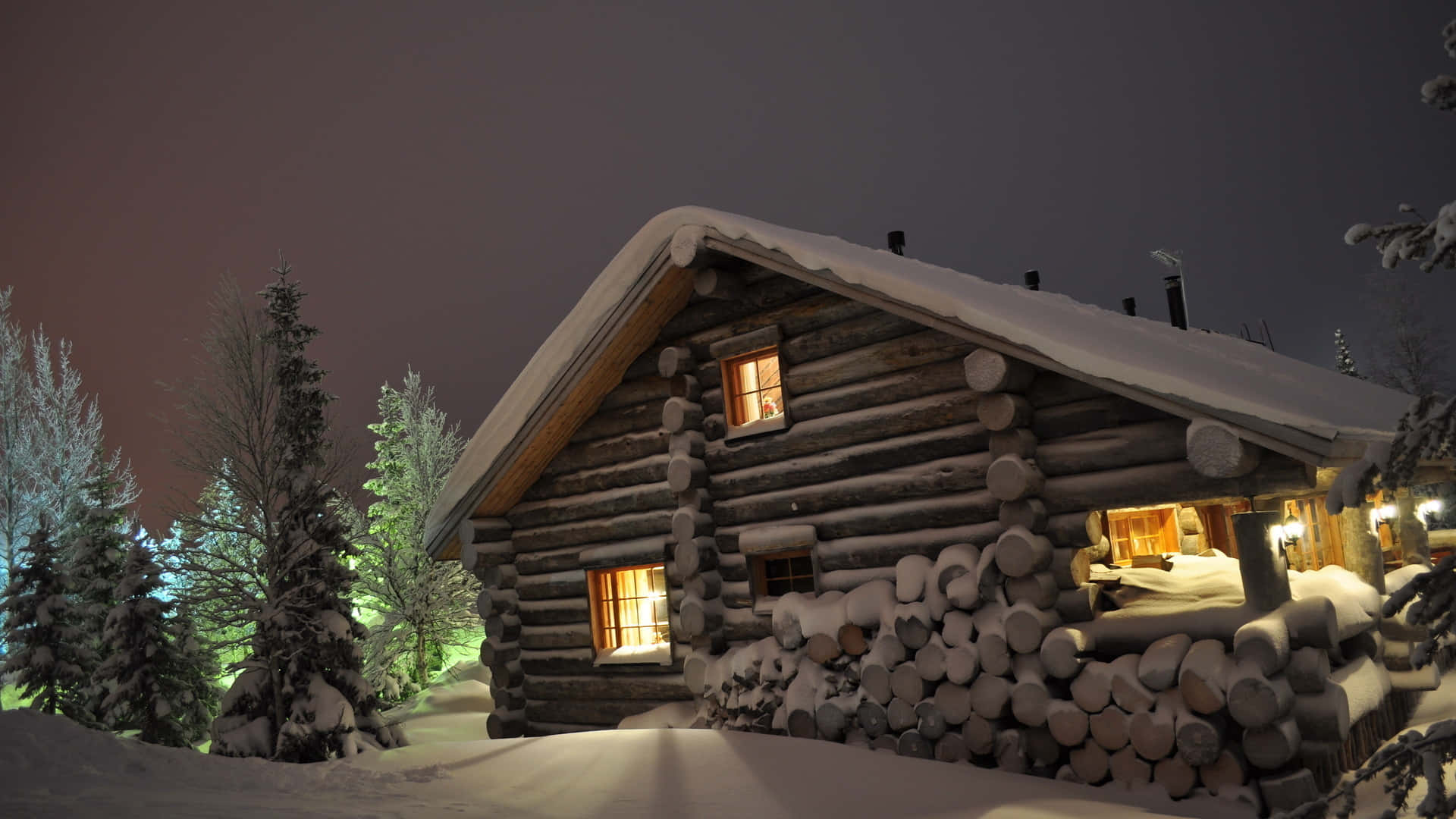 Log Cabin Covered In Snow Background