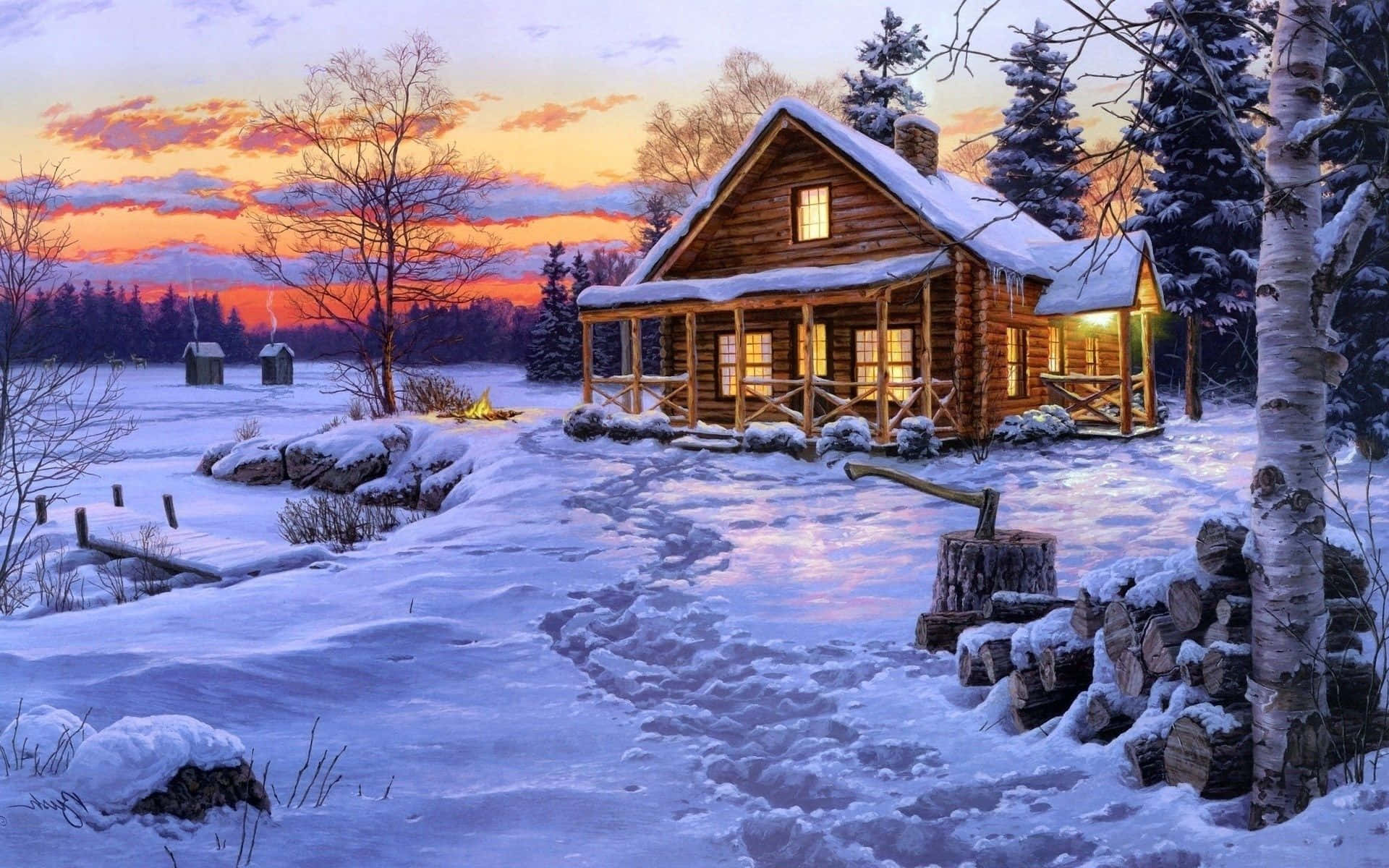 Log Cabin Painting Background