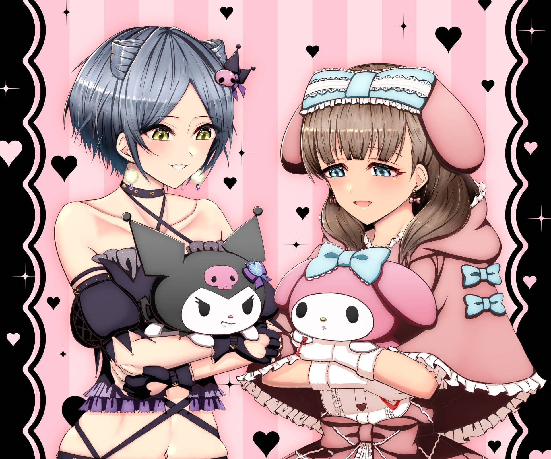 Lolita Girls Holding My Melody Kuromi Background