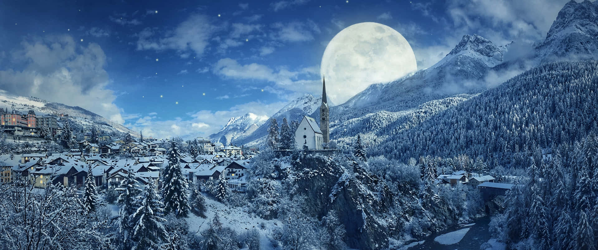 Lone Bench Overlooking A Picturesque Winter Wonderland Background