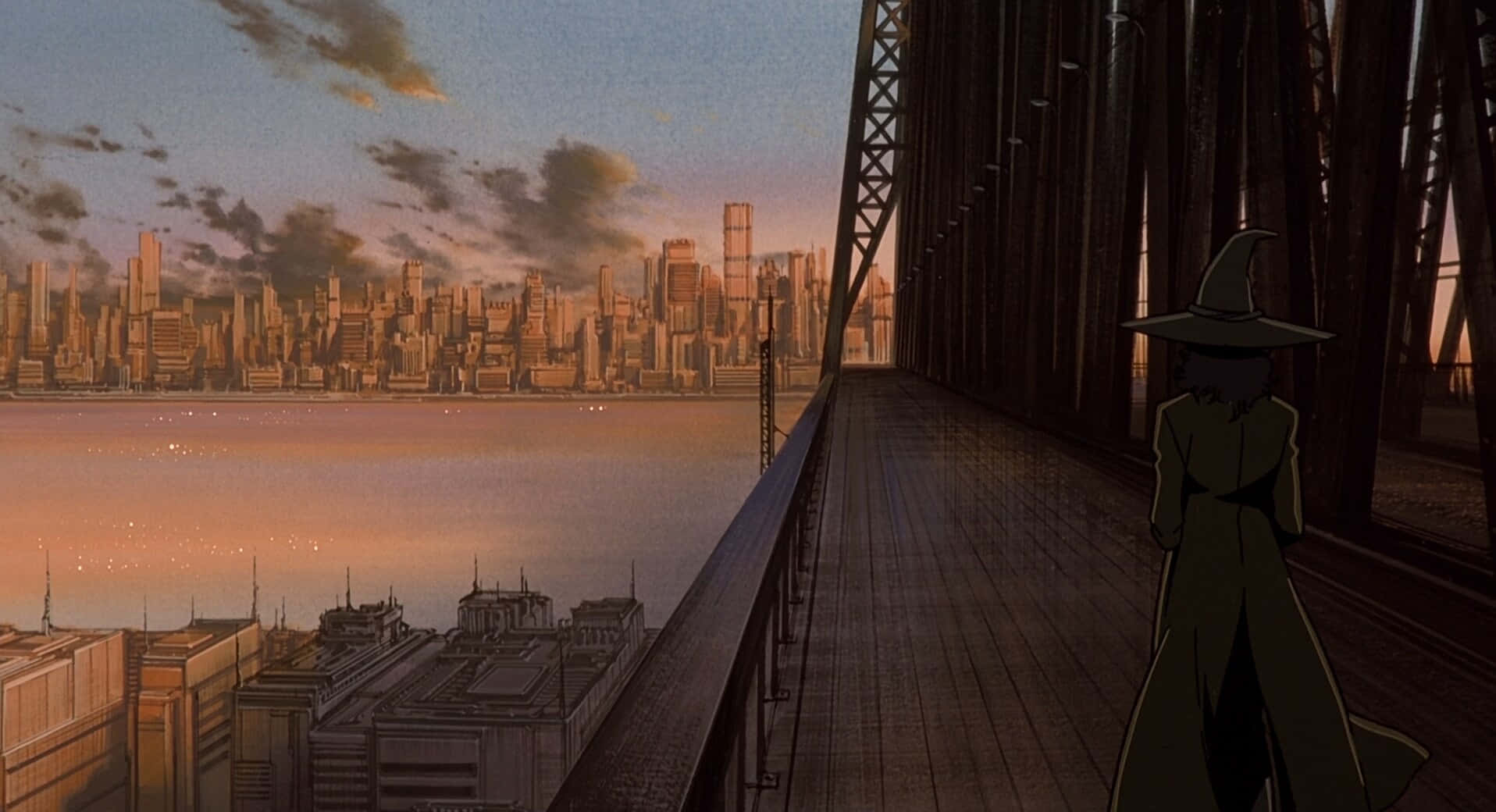 Lone_ Figure_on_ Futuristic_ Bridge_ View Background