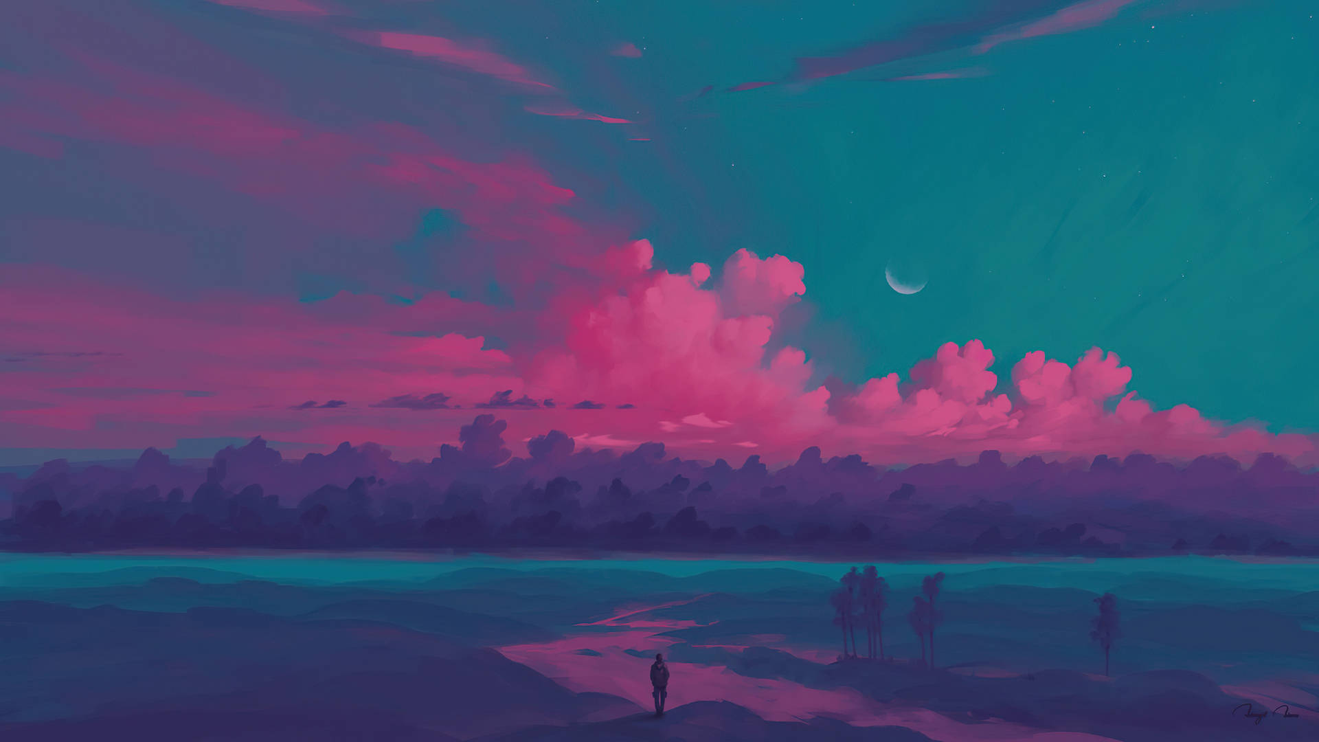 Lone Wanderer Pink Sunset Background