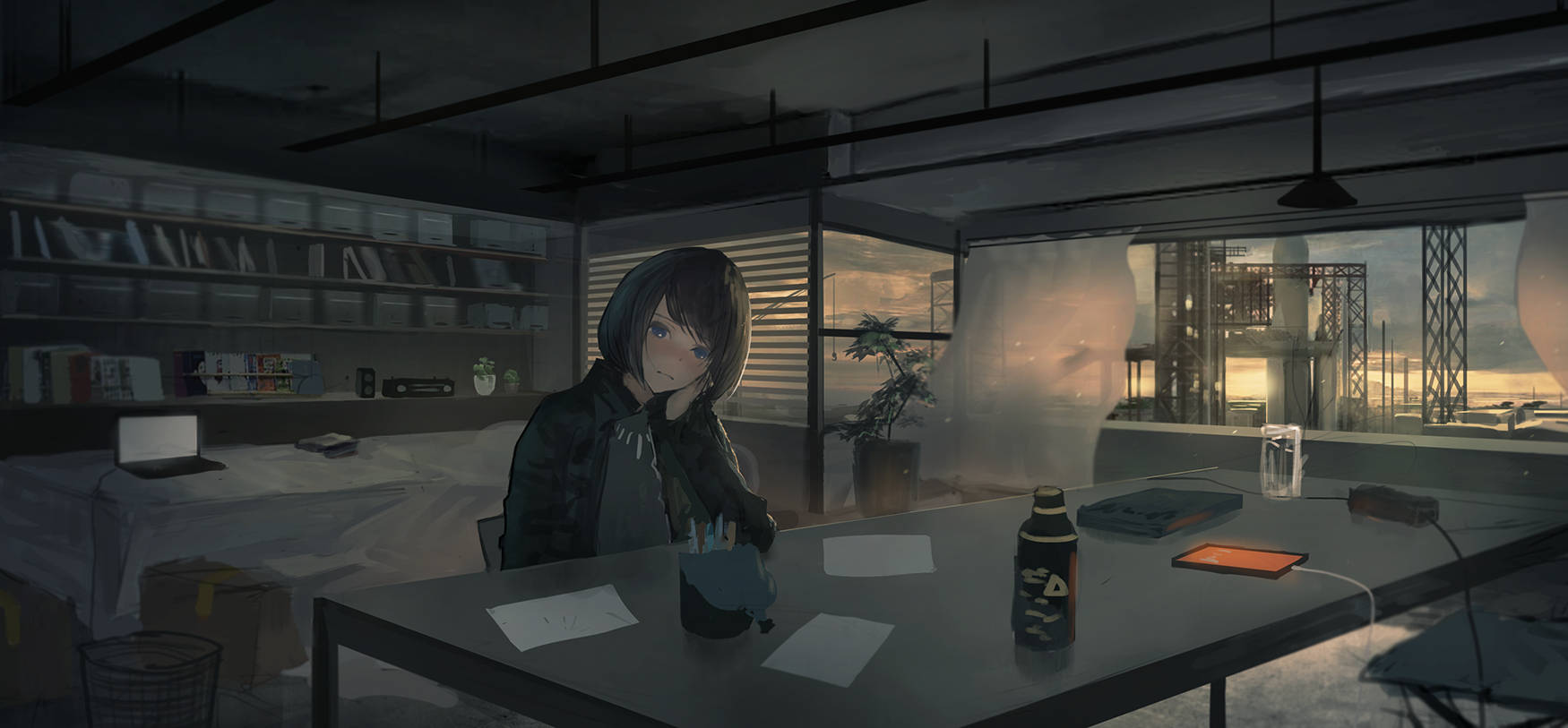 Lonely Anime Girl Slouching On Laptop Table