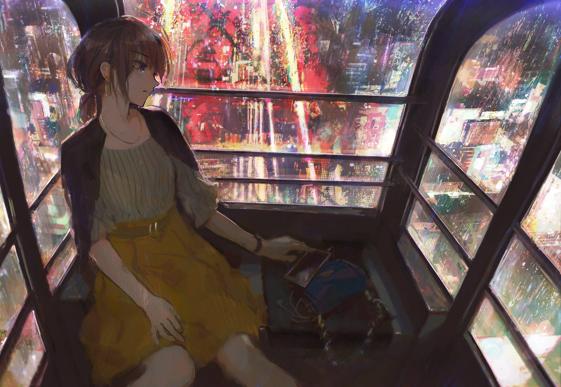 Lonely Girl On A Ferris Wheel In A Sad Cartoon