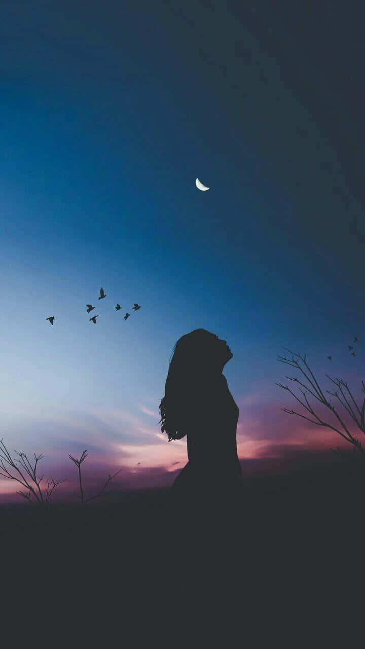 Loner Girl In Field At Night Background
