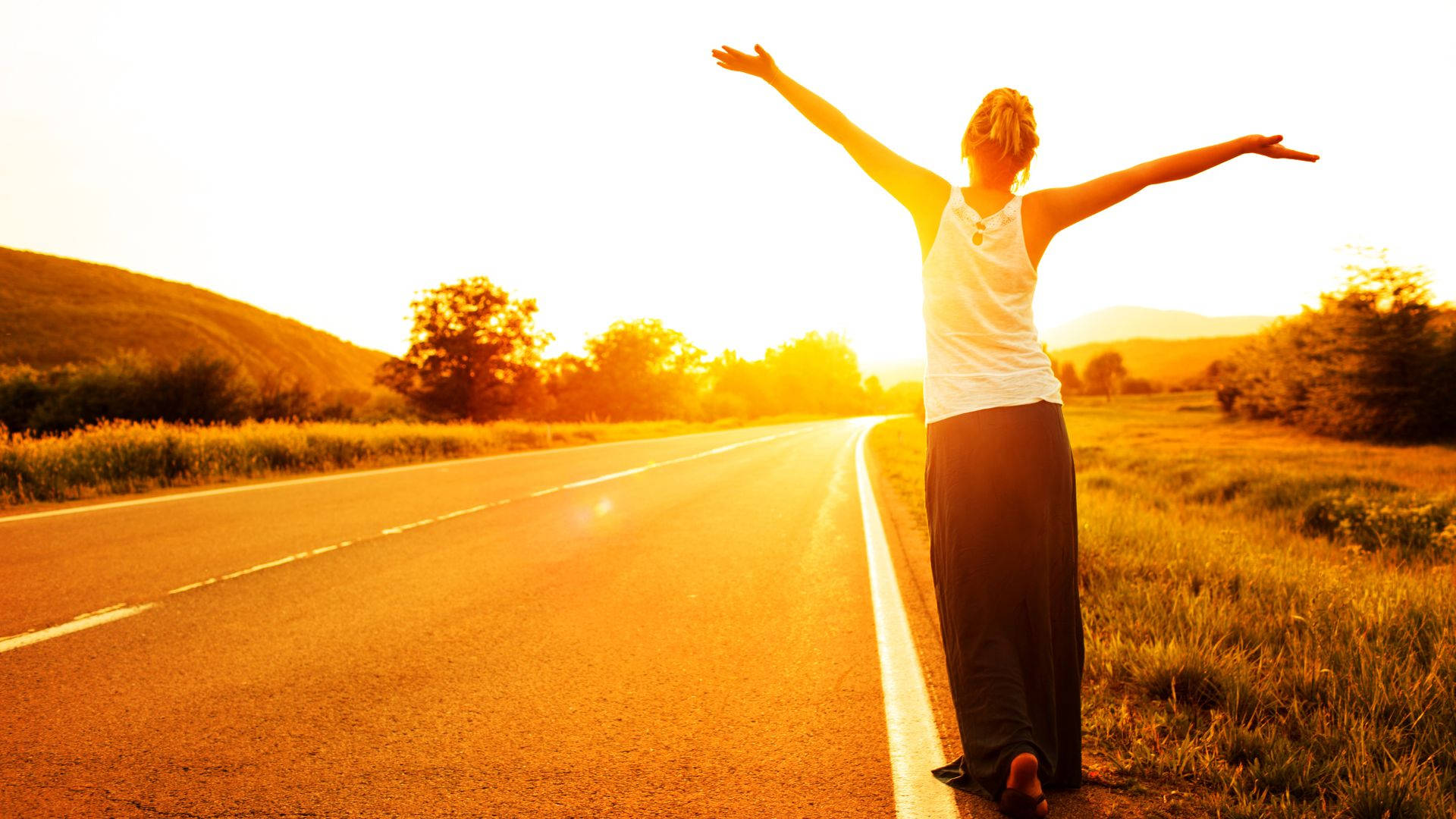 Long Journey Road Sunset Standing Woman Background