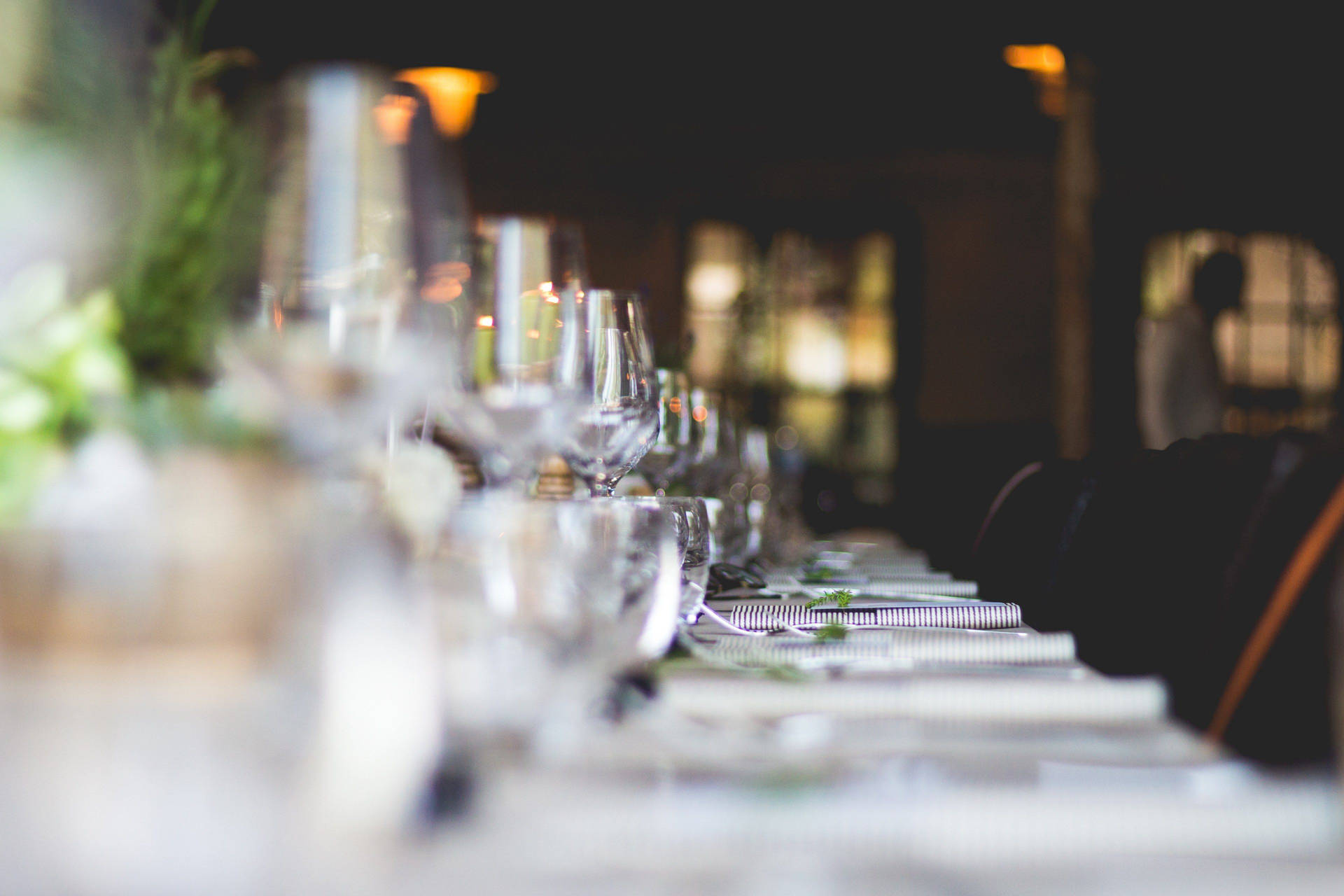 Long Restaurant Table With Glass Background