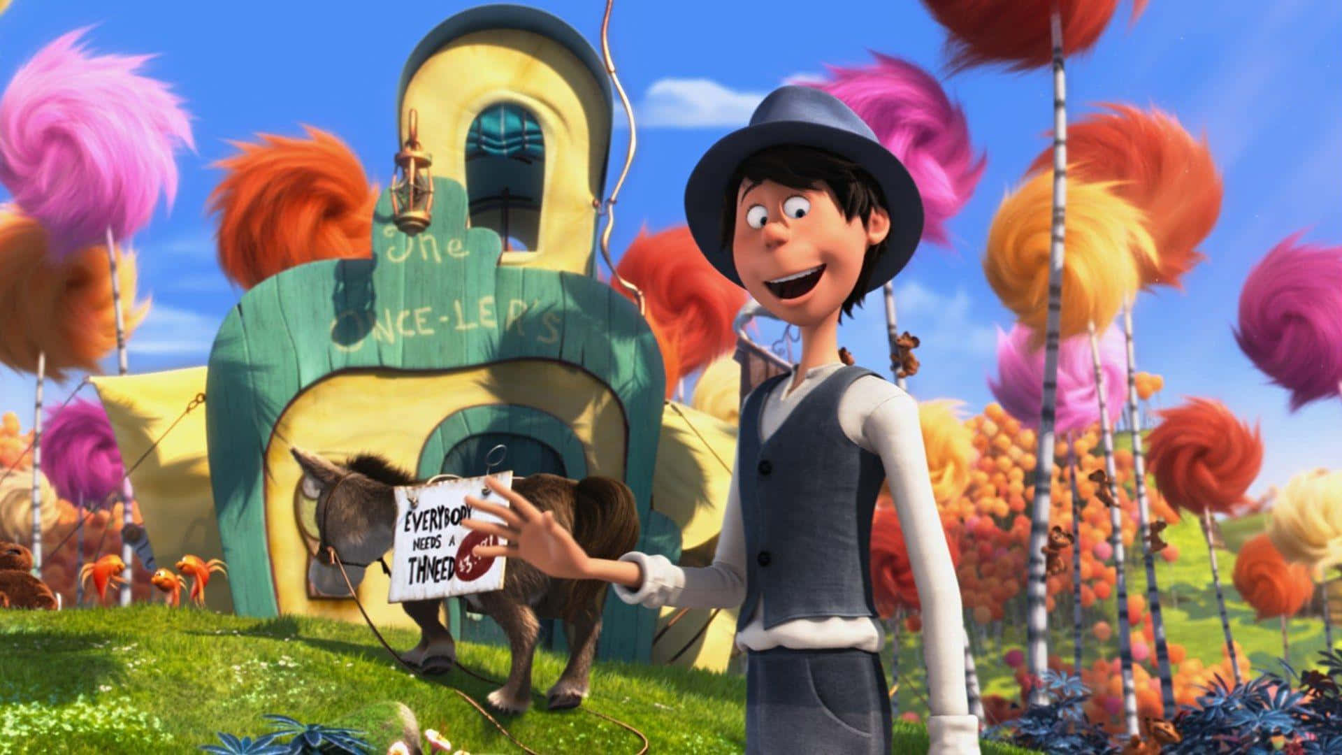 Lorax Character With Donkeyand Thneed Sign Background