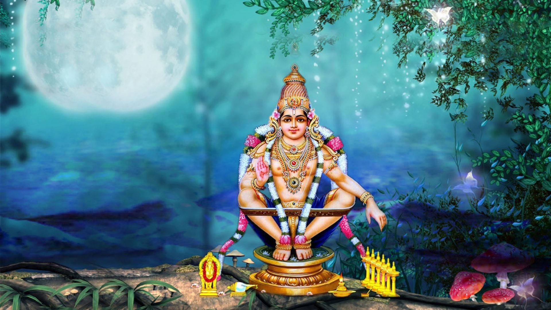 Lord Ayyappa In Forest At Night