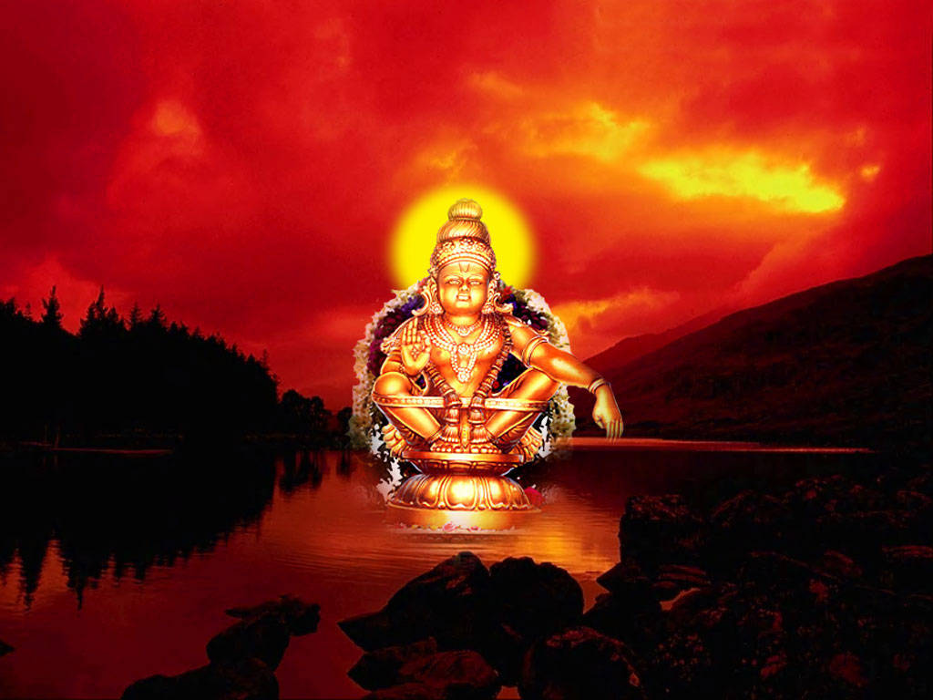 Lord Ayyappa On Lake During Sunset Background