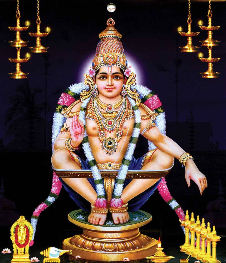 Lord Ayyappa With Candles On Black Background Background