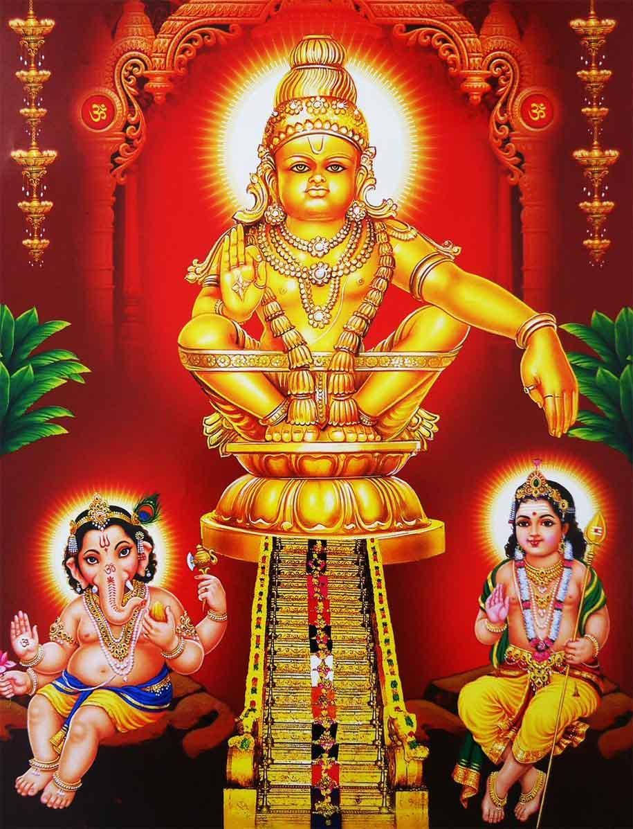 Lord Ayyappa With Ganesha And Murugan Background