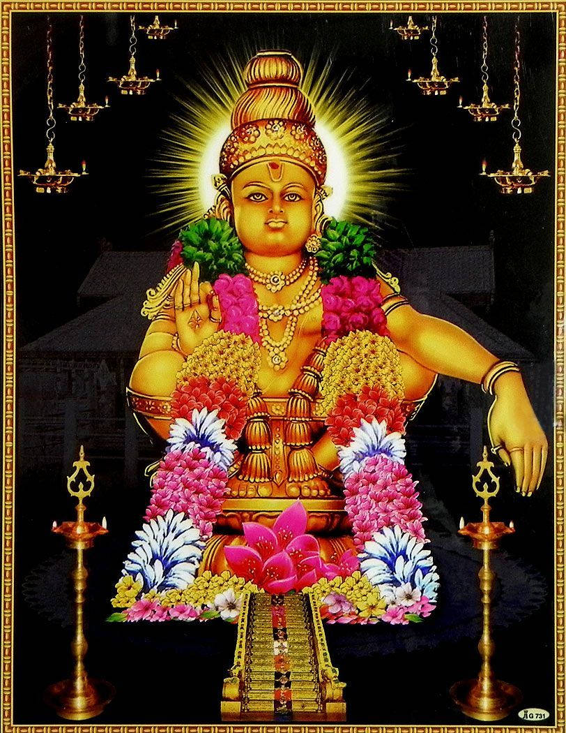 Lord Ayyappa With Several Candles Background